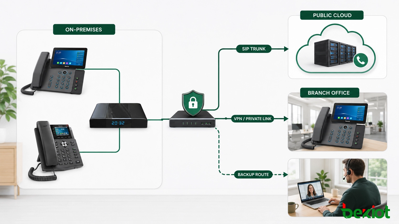Arquitectura de comunicaciones en la nube híbrida que conecta teléfonos SIP, un sistema de control de llamadas local, enlaces de red seguros y servicios en la nube pública