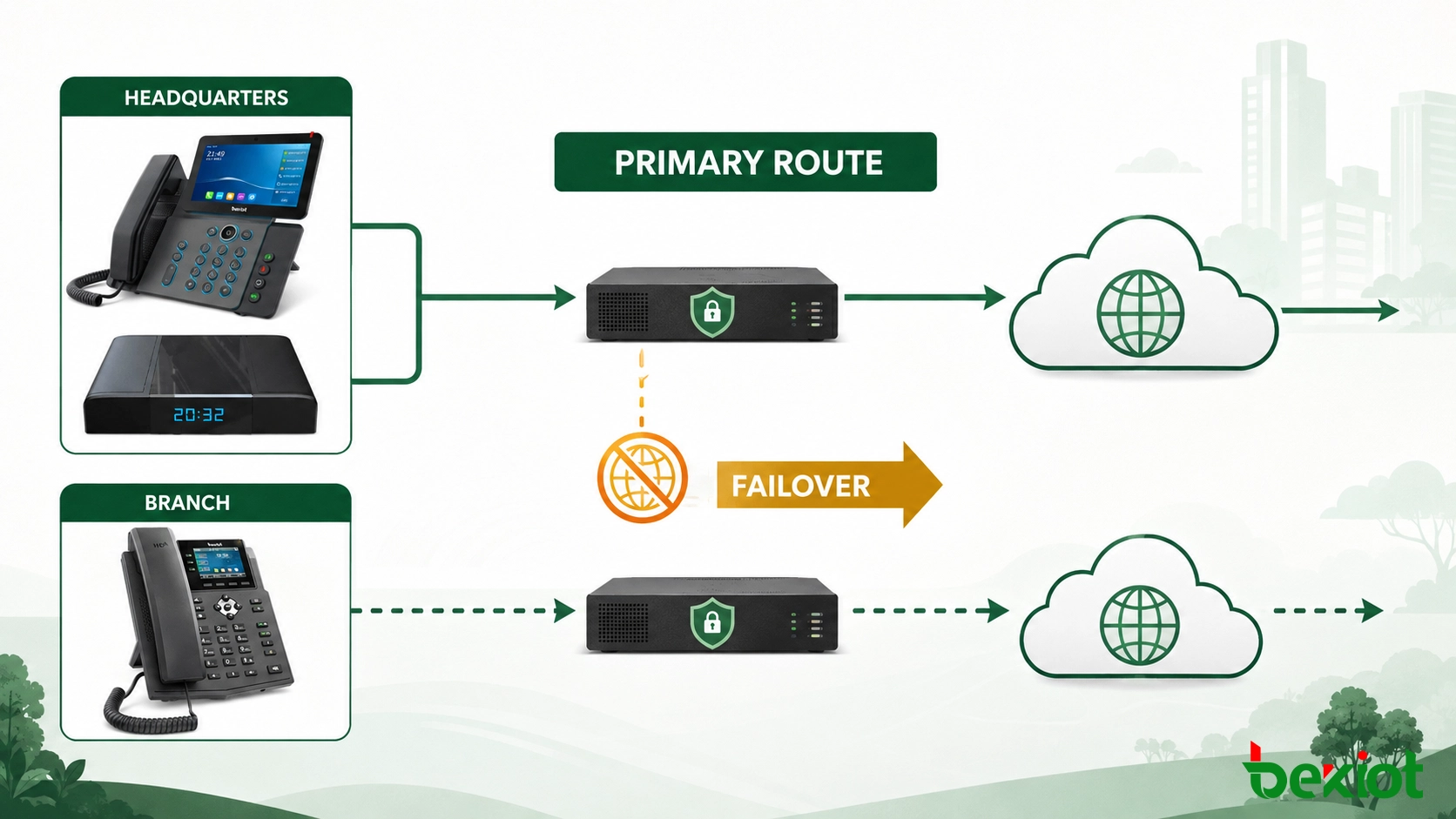 Flujo de trabajo de enrutamiento de llamadas SIP y conmutación por error entre teléfonos de oficina, una PBX local, un borde seguro y servicios de comunicación en la nube