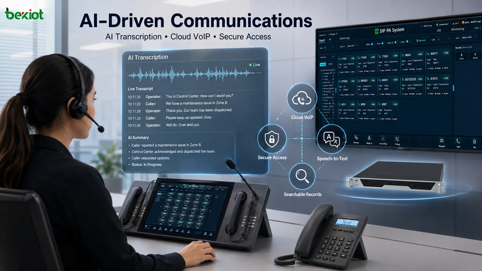 Plataforma VoIP segura en la nube que conecta usuarios remotos, puestos multicanal y sistemas empresariales mediante SIP, acceso VPN y transcripción con IA