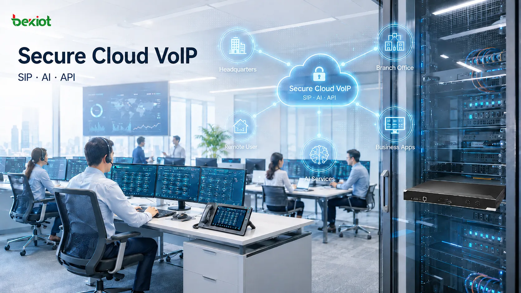 Arquitectura empresarial de colaboración VoIP que integra comunicación SIP multicanal, puestos Soft Turret, transcripción con IA, aplicaciones de negocio y servicios seguros en la nube en un único flujo