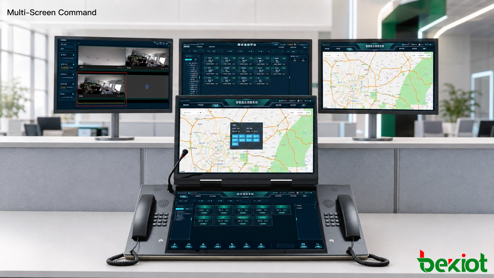 Estación de trabajo de comando de tercera generación con múltiples pantallas que muestra recursos de comunicación, mapas GIS, vigilancia por video e información de alarmas