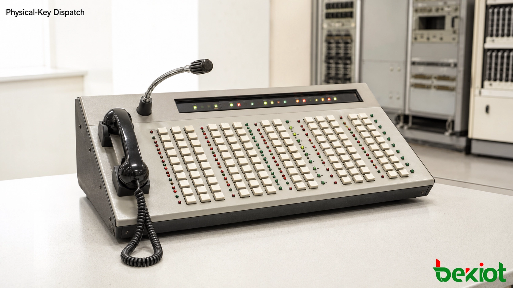 Consola de despacho de primera generación con docenas de teclas físicas programables para extensiones telefónicas y control de llamadas