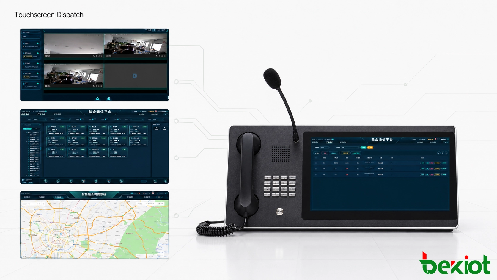 Consola de despacho de segunda generación con pantalla táctil que combina controles de software, auricular, micrófono, voz, video y funciones GIS