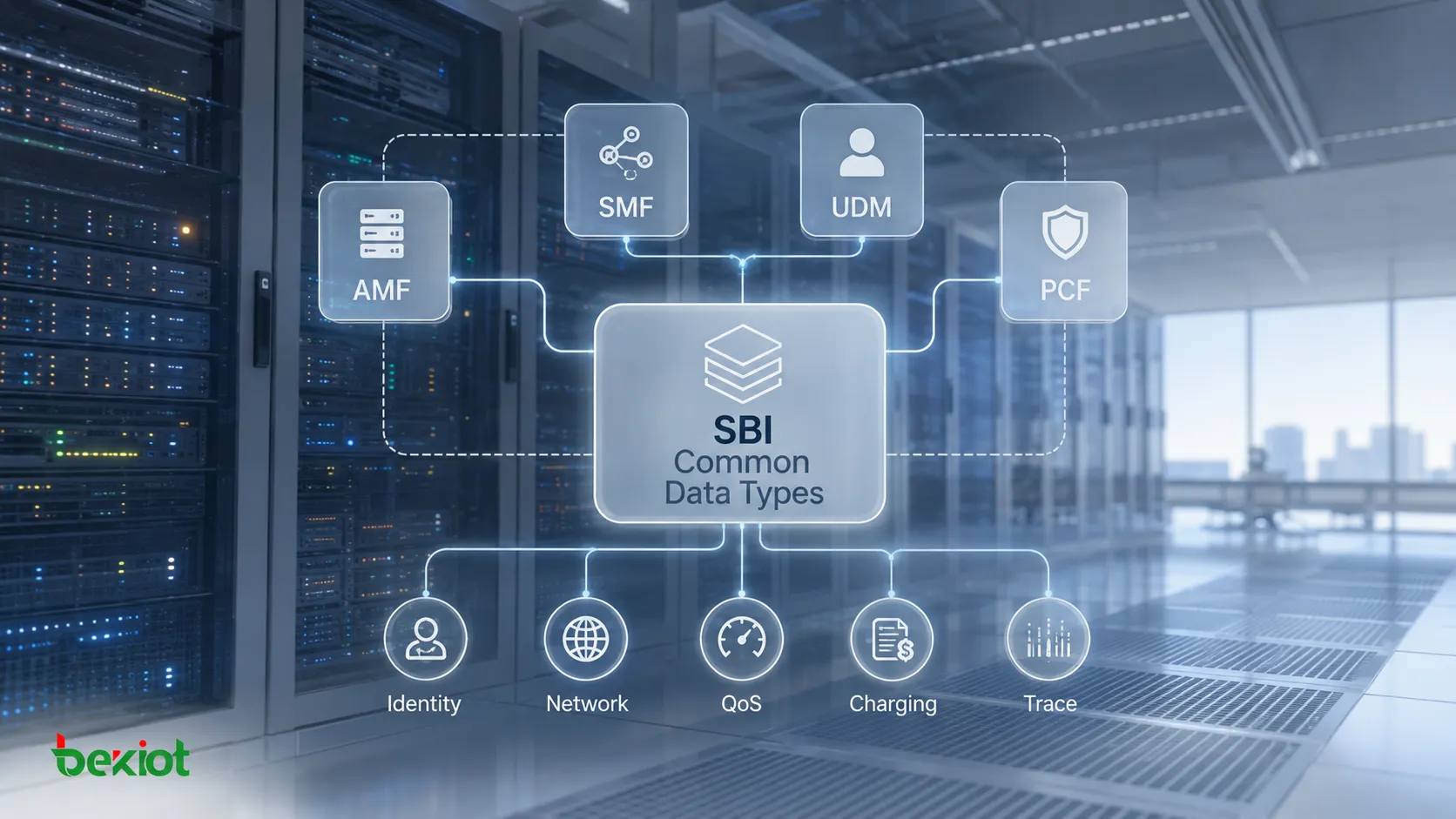 Tipos de datos comunes de la SBI del núcleo 5G compartidos por AMF, SMF, UDM y PCF para identificadores, información de red, QoS, tarificación y parámetros de trazado