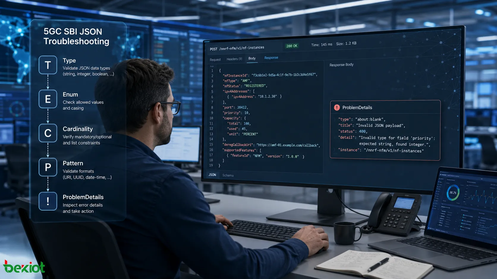 Ingeniero de 5GC diagnosticando mensajes JSON de SBI mediante la comprobación de recursos API, tipos de campos, valores de enumeración, Cardinality, restricciones de formato y ProblemDetails