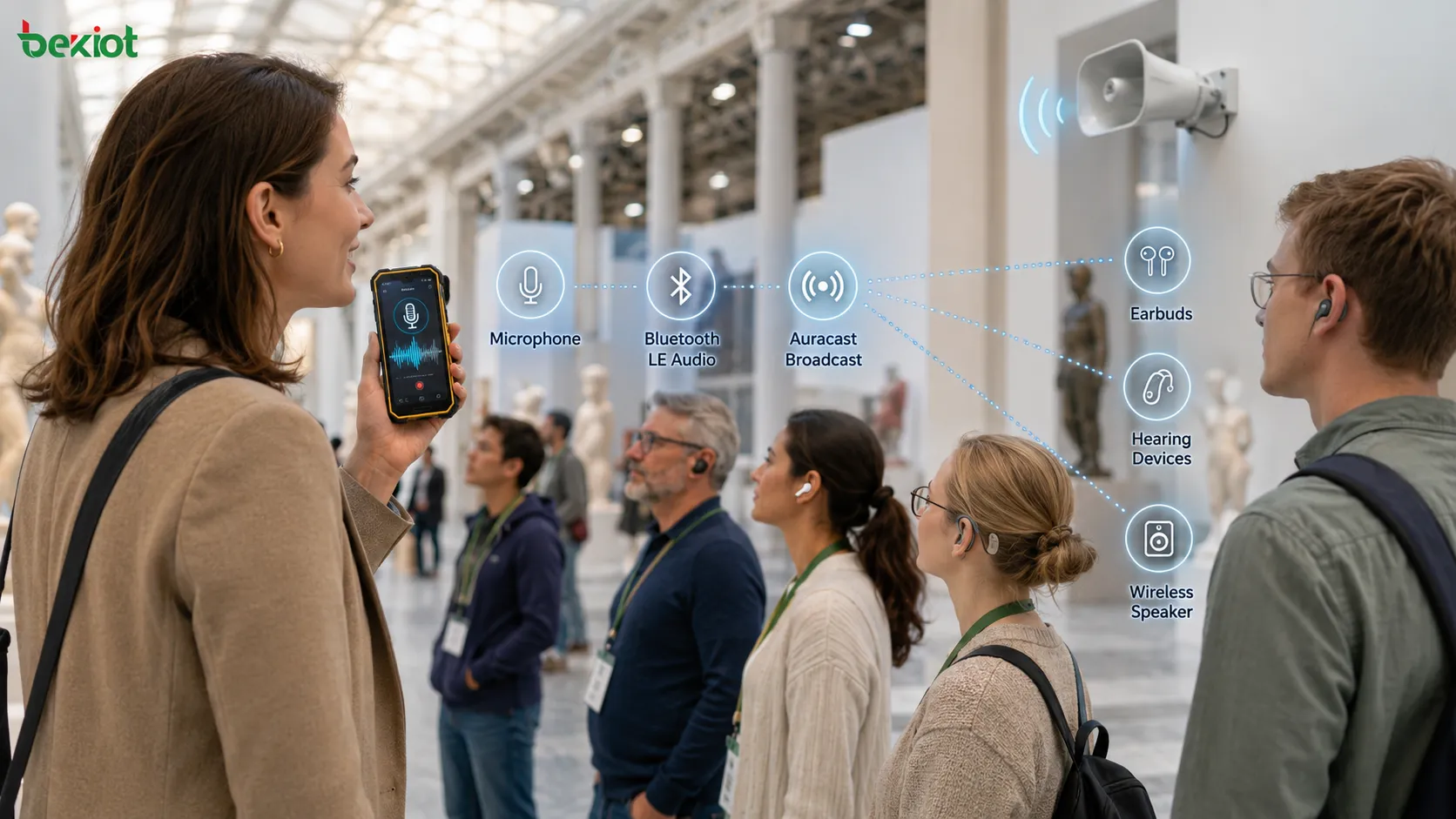Micrófono de un smartphone transmitiendo voz en directo mediante Bluetooth LE Audio y Auracast a varios auriculares, dispositivos auditivos y altavoces inalámbricos cercanos
