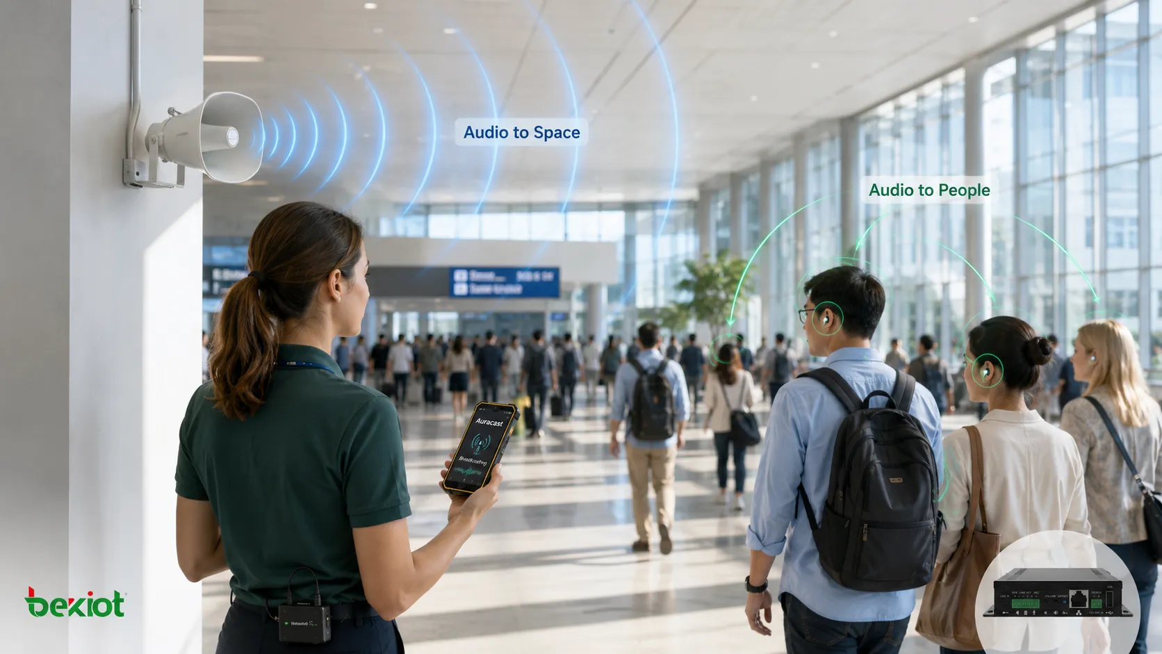 Comparación entre la difusión de audio personal Auracast a receptores individuales y un sistema tradicional de megafonía que cubre un espacio físico mediante altavoces