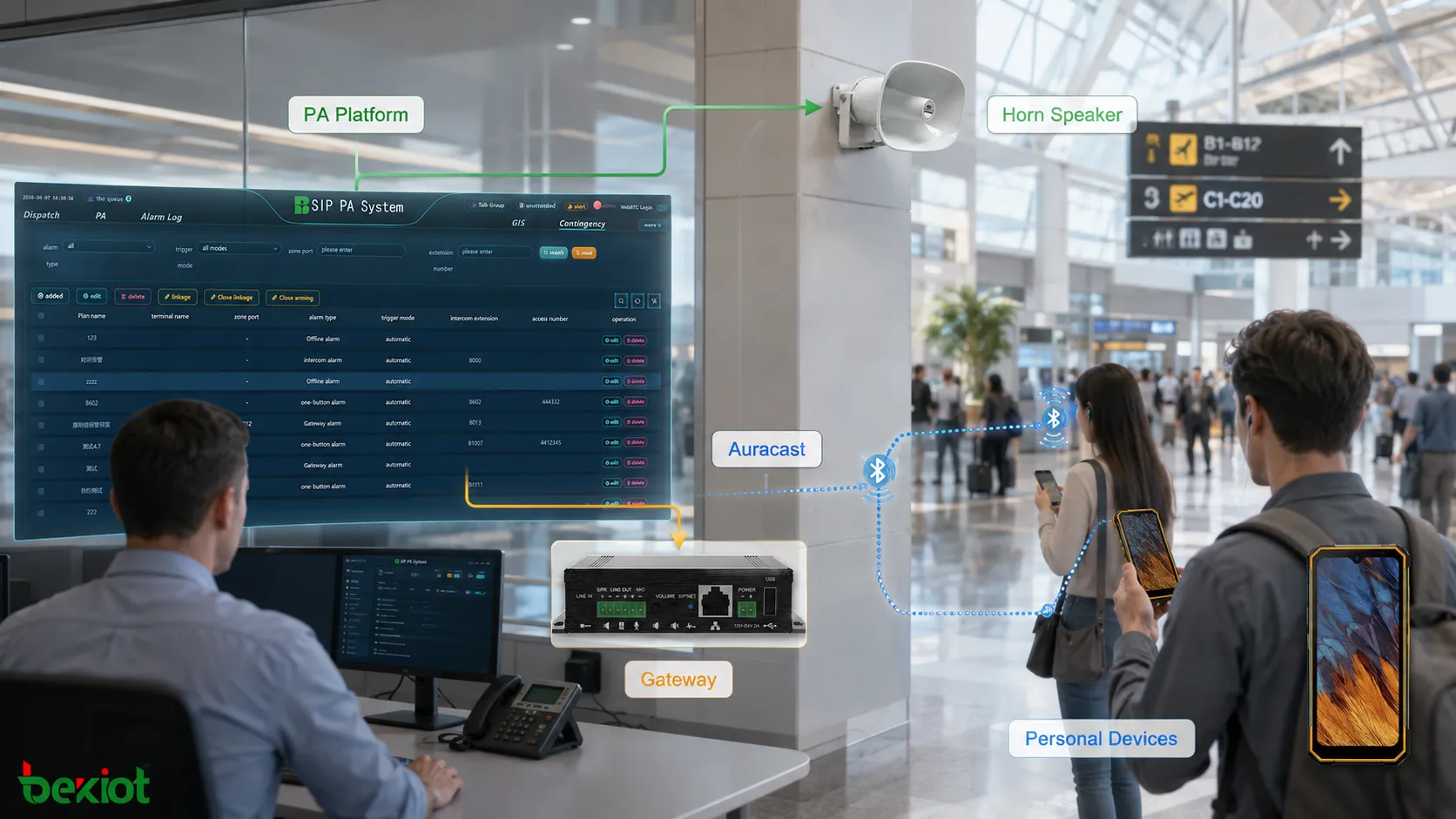 Arquitectura híbrida de megafonía que combina altavoces fijos con difusión de audio personal Auracast hacia smartphones, auriculares y dispositivos auditivos