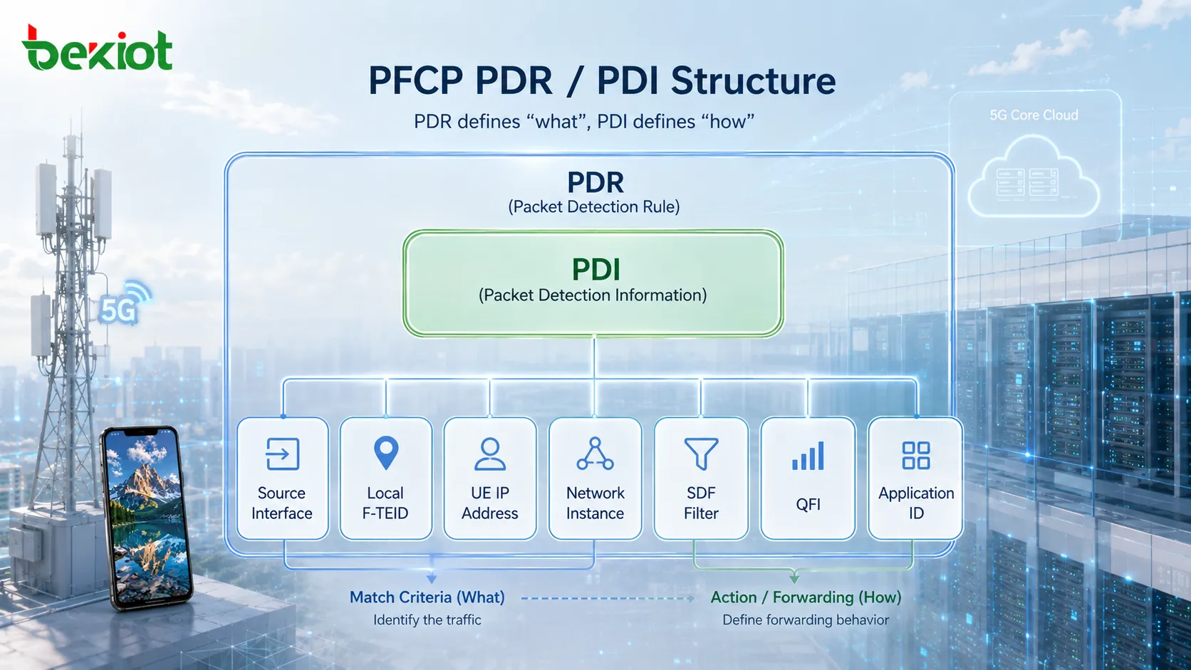 Estructura de parámetros PFCP PDR y PDI con condiciones de coincidencia de Interfaz de origen, F-TEID local, dirección IP de UE y filtro SDF