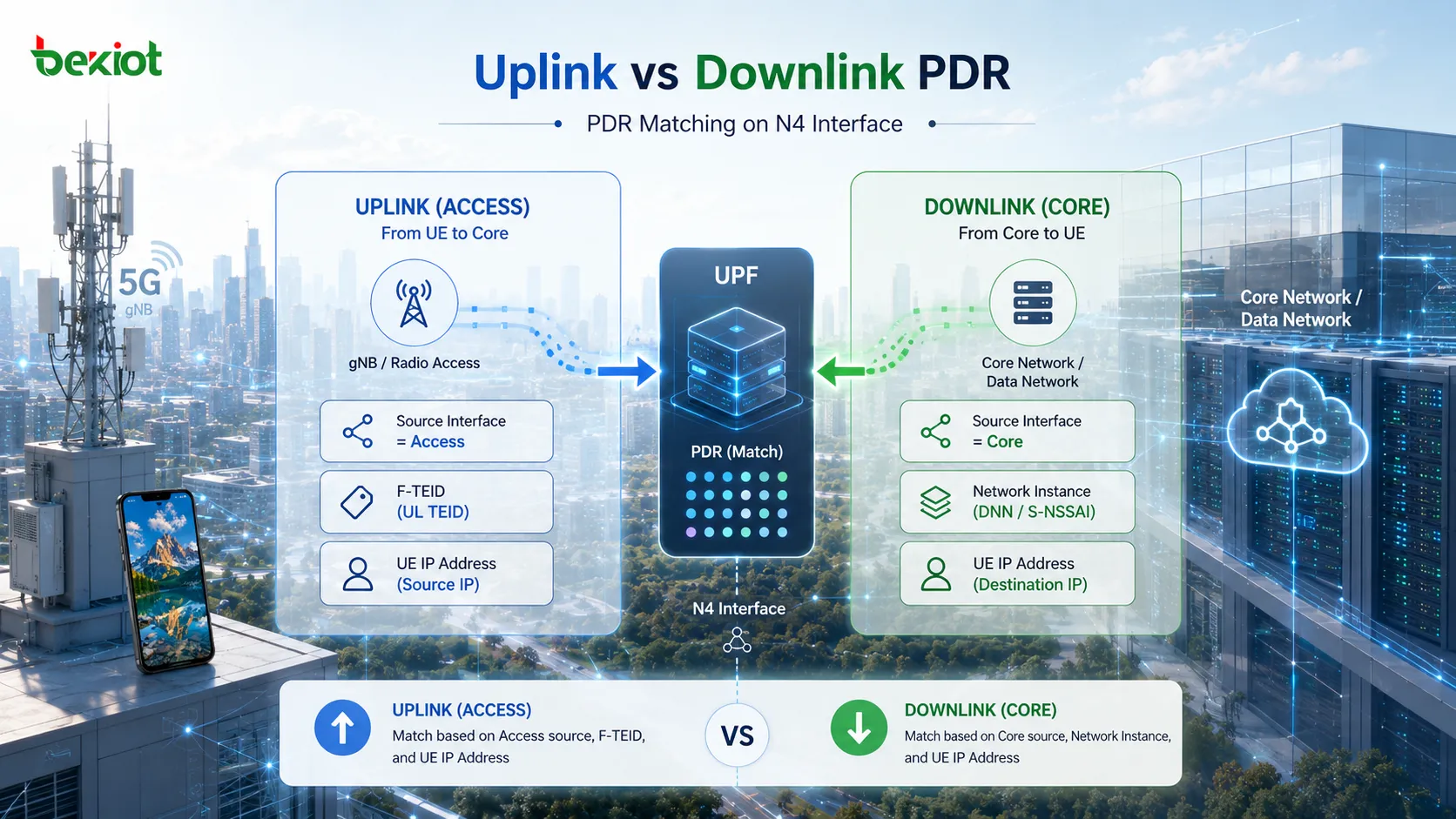 PDR ascendente de Access y PDR descendente de Core basadas en F-TEID, instancia de red y dirección IP de UE en la interfaz N4