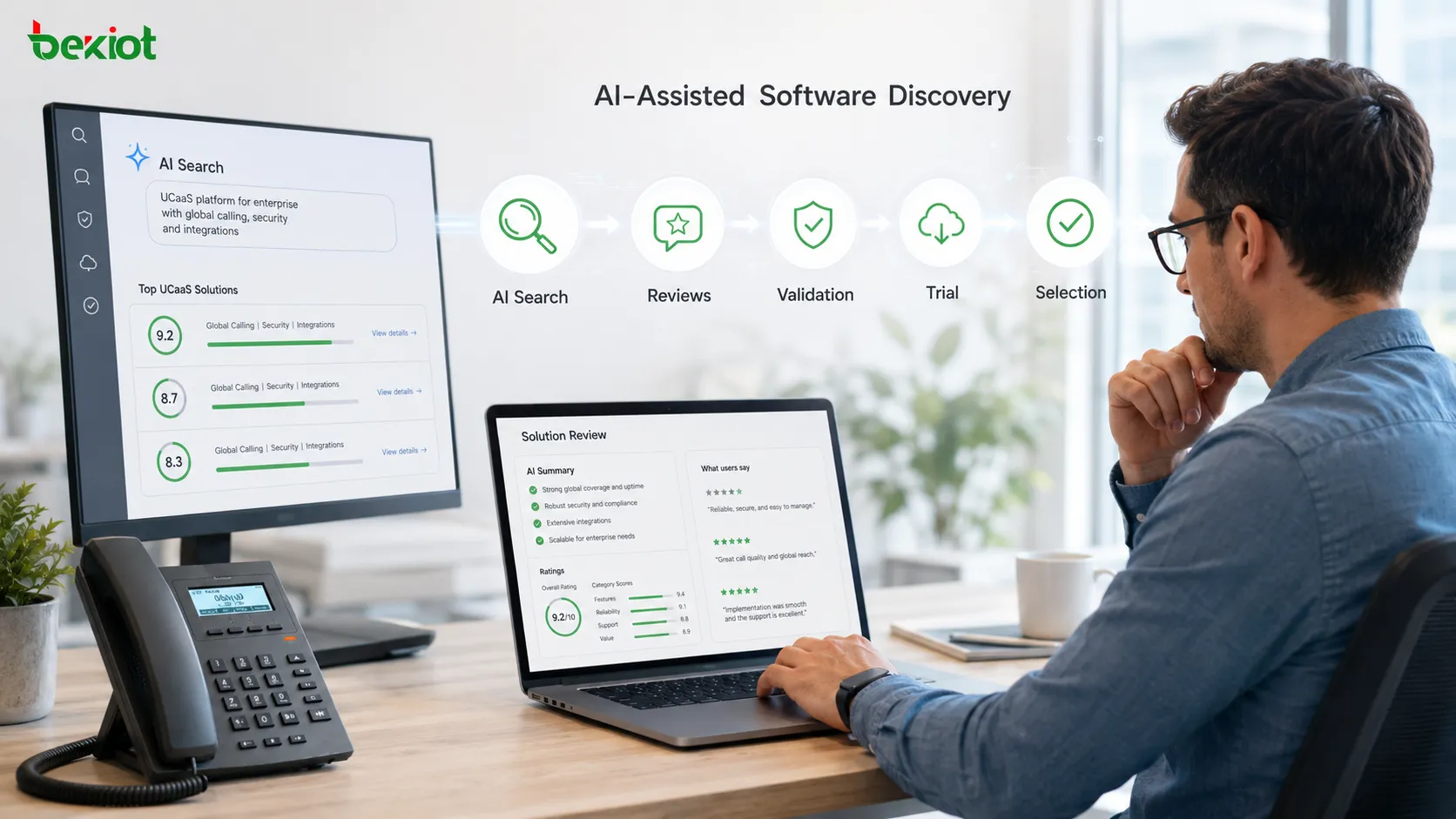 Recorrido de compra de UCaaS asistido por IA, desde el descubrimiento de software y las reseñas de terceros hasta la validación técnica, la prueba y la selección final del proveedor