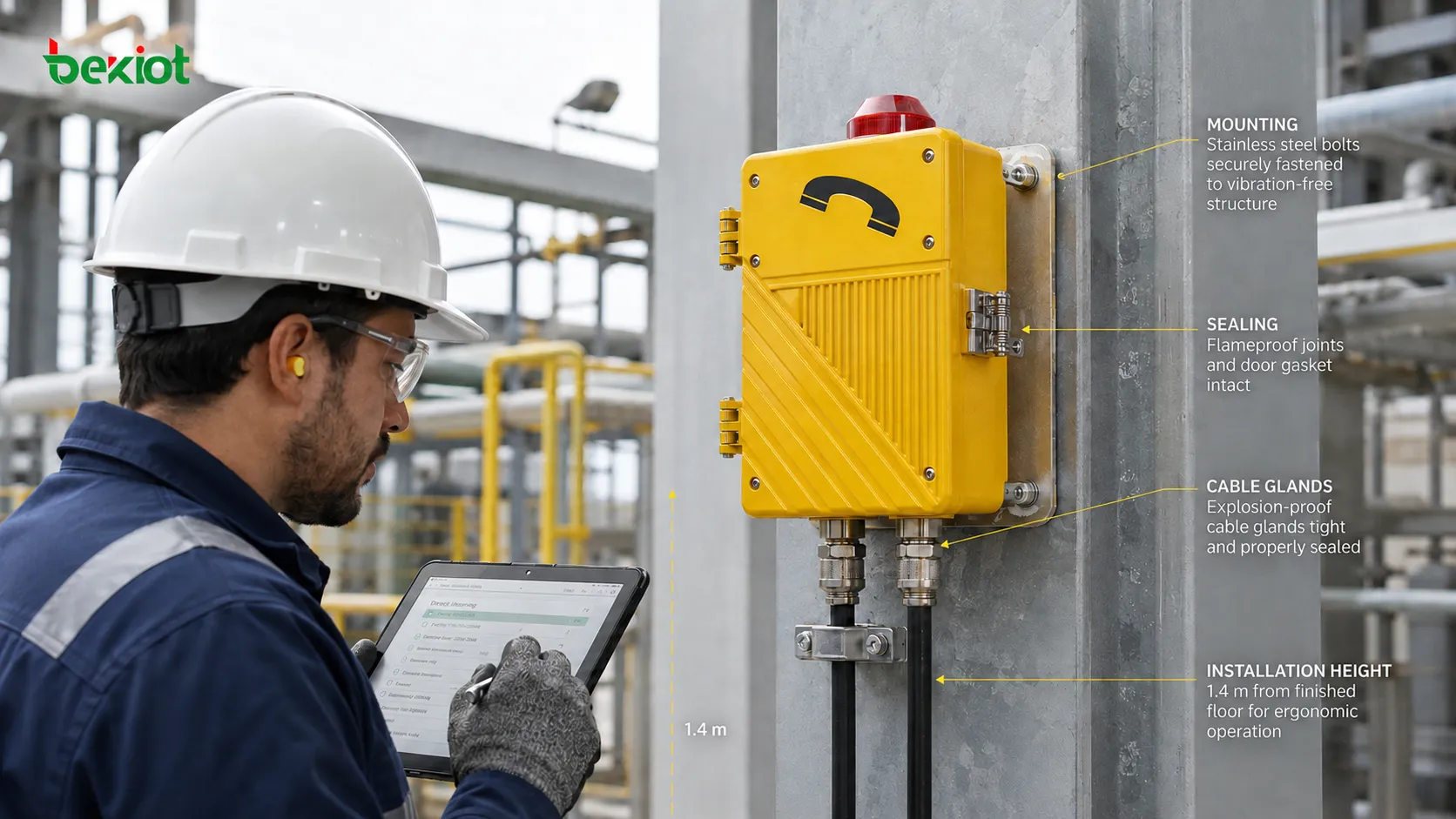 Inspección posterior a la instalación de un teléfono a prueba de explosiones: fijación, prensaestopas, elementos de sellado y posición de instalación en campo