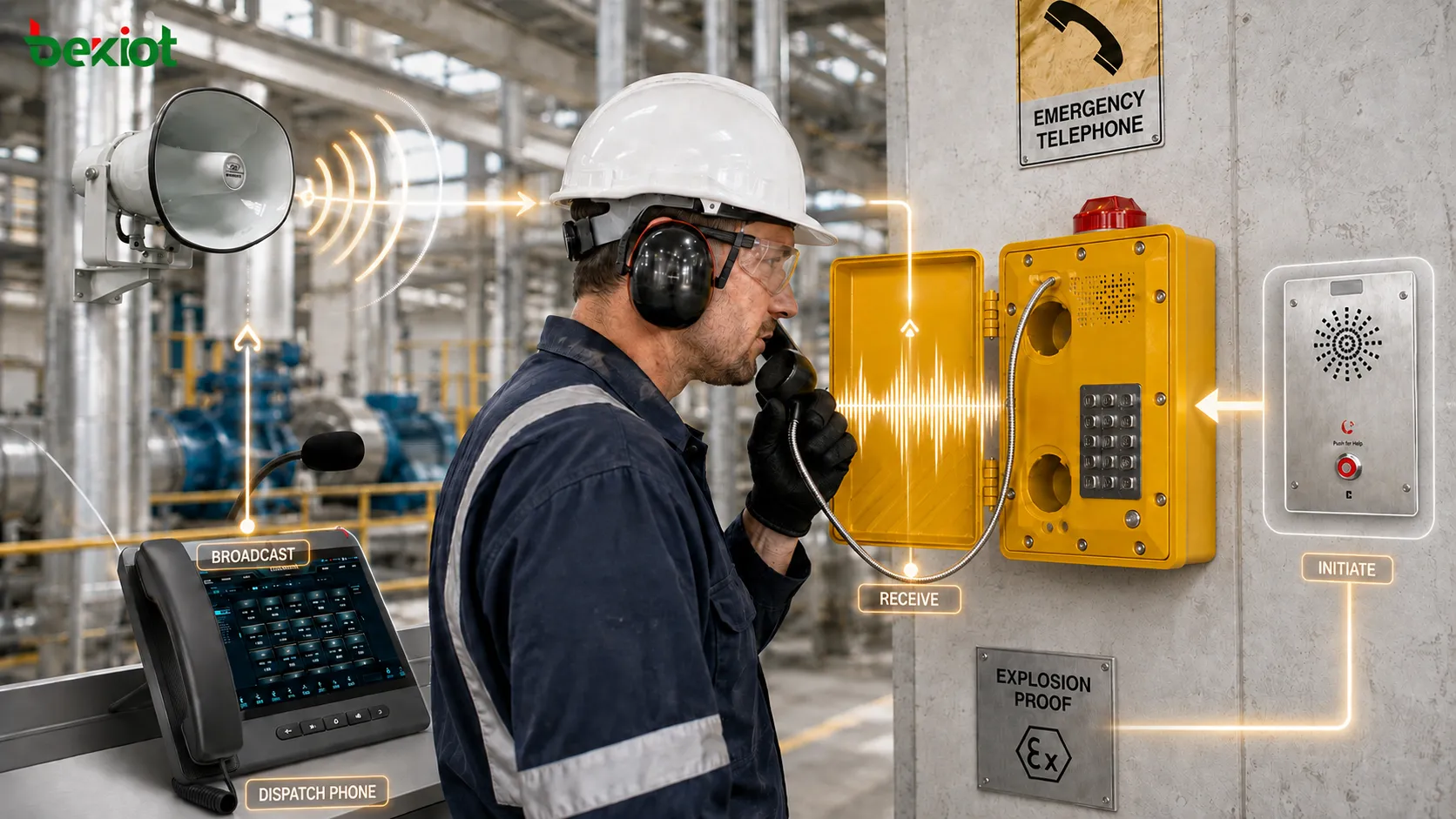 Prueba del volumen del auricular, captación del micrófono y claridad de voz bidireccional de un teléfono a prueba de explosiones en un entorno industrial de alto ruido