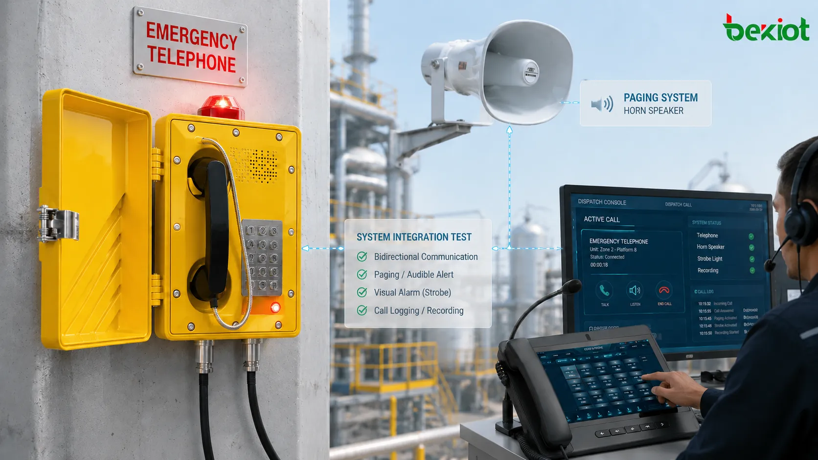 Prueba de integración de emergencia posterior a la instalación de un teléfono a prueba de explosiones con despacho, grabación, alarmas acústicas y visuales y sistemas de megafonía