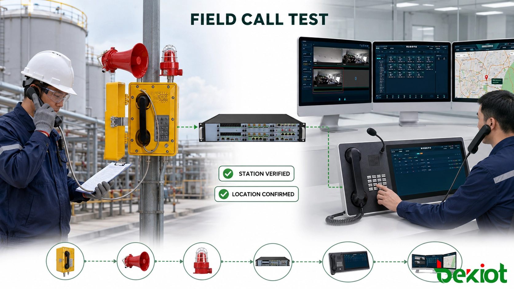 Técnico probando teléfono a prueba de explosiones, identidad, visualización de ubicación, vinculación de cámaras y enrutamiento de llamadas de respaldo