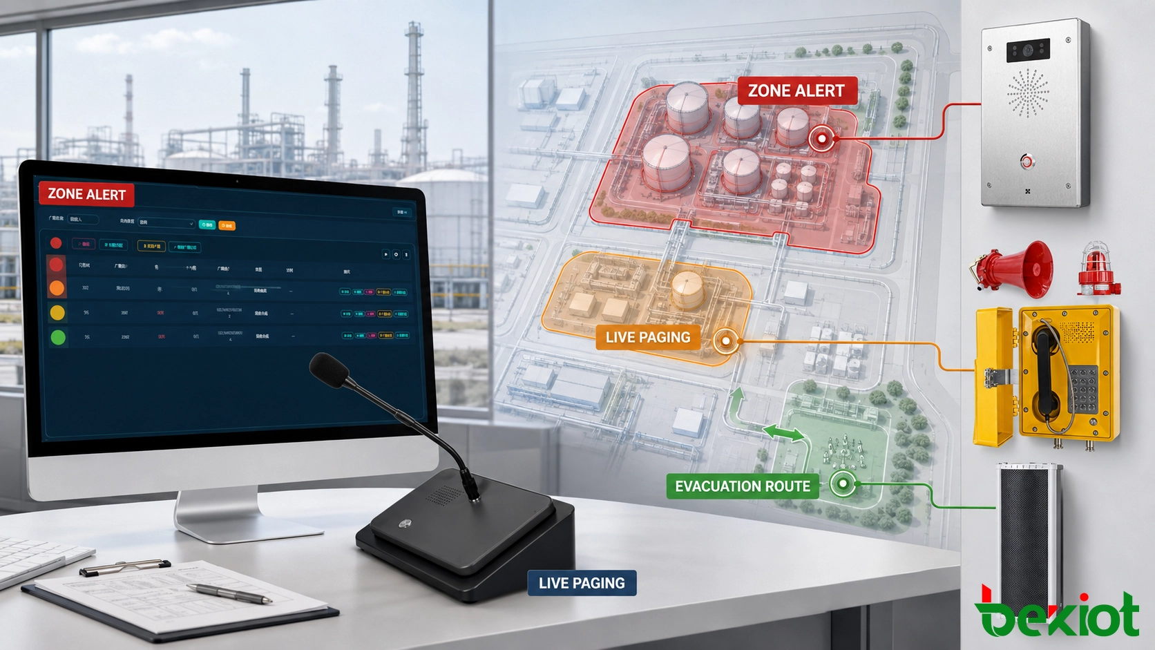 Sala de control industrial seleccionando zonas de transmisión de emergencia, mensajes y prioridades para una alarma de gas en un parque de tanques