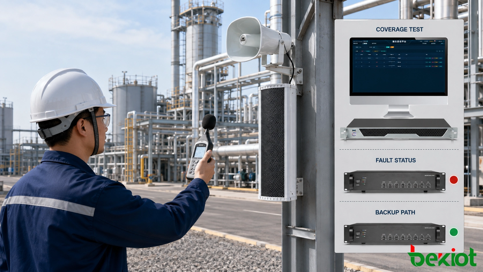 Técnico probando cobertura de altavoces de transmisión de emergencia, estado de amplificadores, fallos de red y operación de respaldo en un sitio industrial