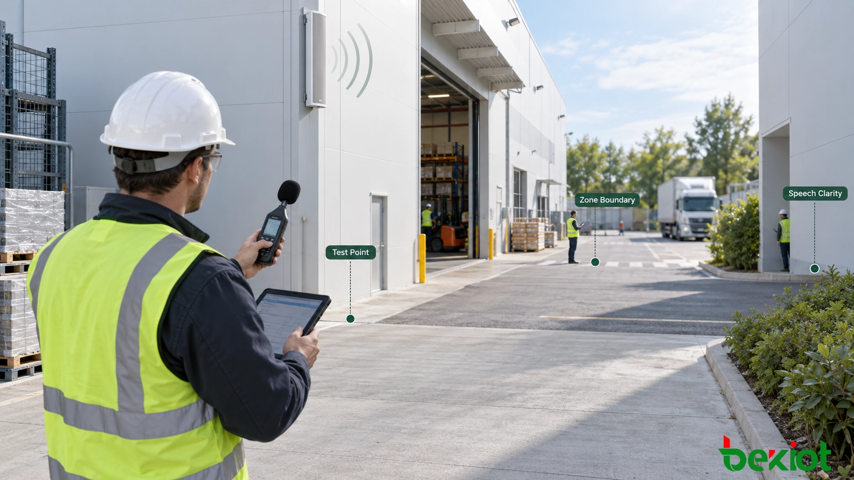 Prueba de inteligibilidad del habla in situ y cobertura exterior para altavoces columna SIP