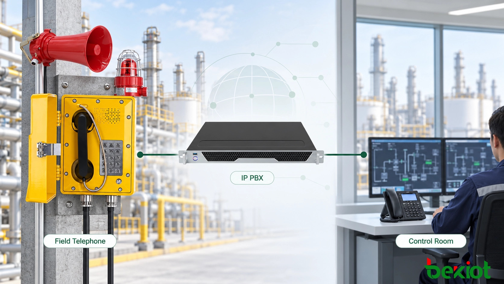 Teléfonos a prueba de explosiones conectados a una IP PBX para llamadas de extensión y comunicación con la sala de control