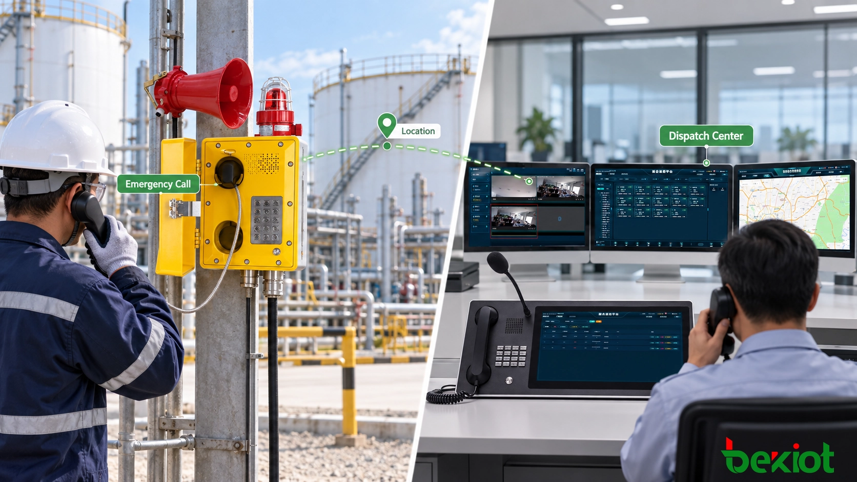 Teléfono a prueba de explosiones conectado a un sistema de despacho con visualización de ubicación, grabación y coordinación de emergencias