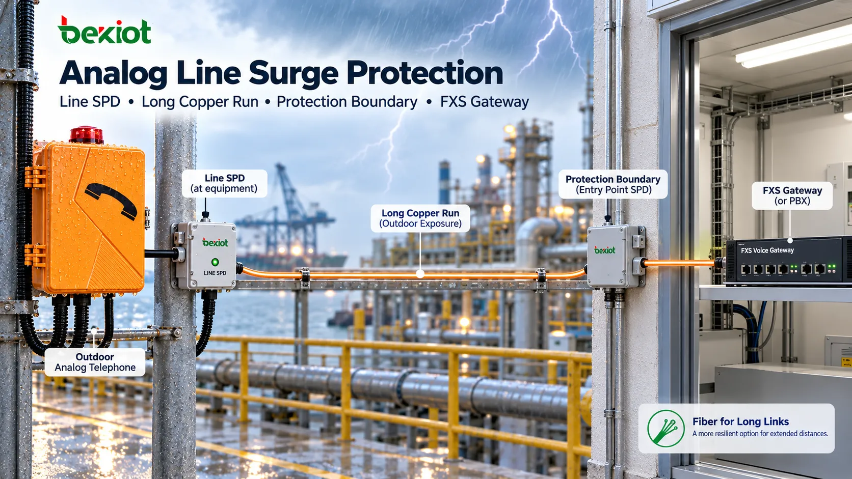 Protectores contra sobretensiones de línea de comunicaciones instalados en largos tendidos exteriores de cobre para proteger el teléfono industrial analógico y la pasarela FXS