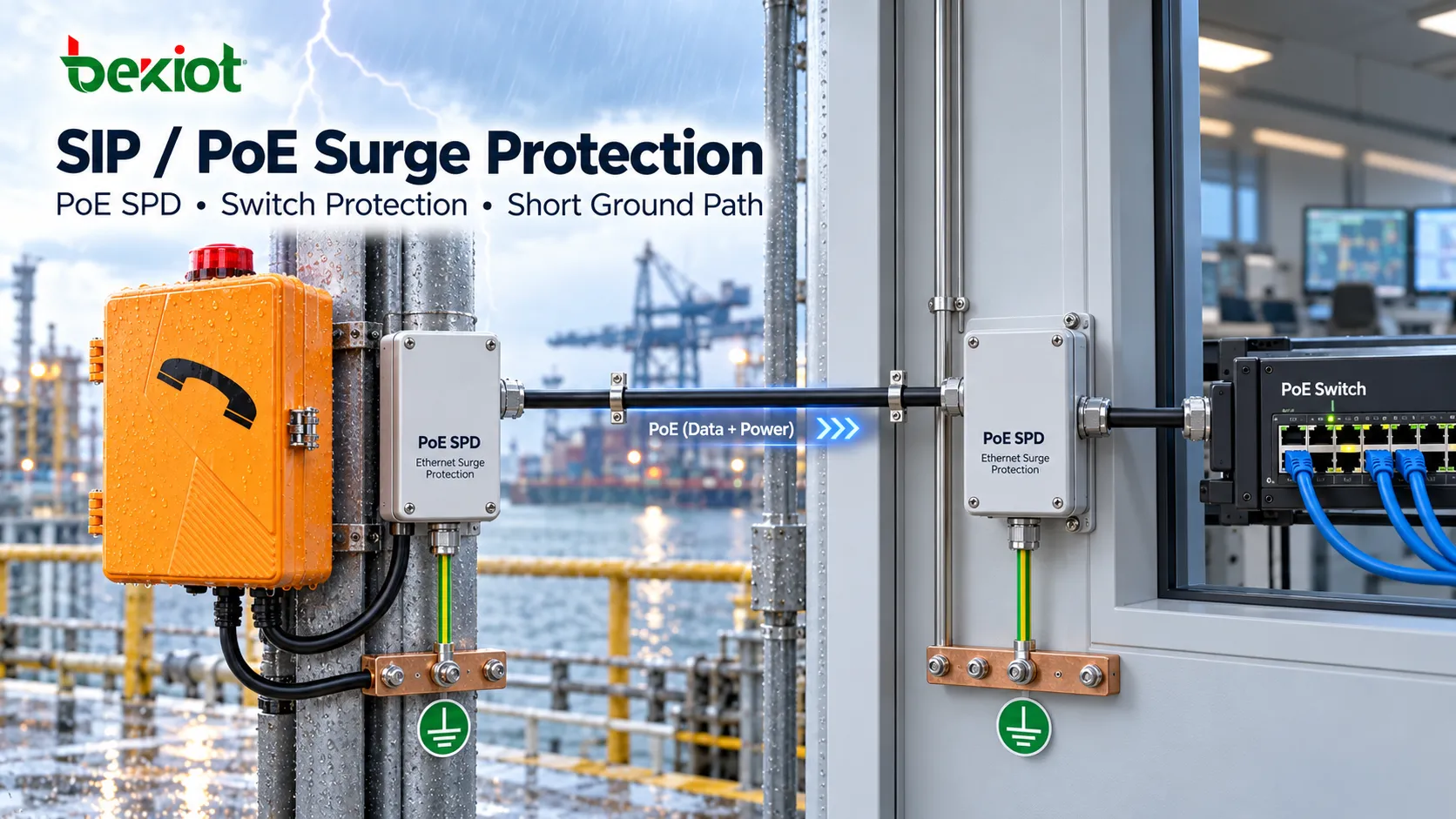 Protección PoE contra sobretensiones y puesta a tierra de un teléfono industrial SIP exterior conectado a un switch Ethernet