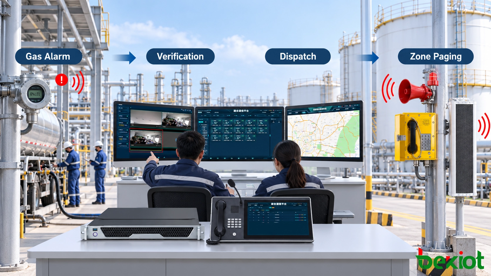 Flujo de trabajo de emergencia para petróleo y gas que vincula alarmas de gas, verificación por vídeo, comunicación del despachador y megafonía por zonas