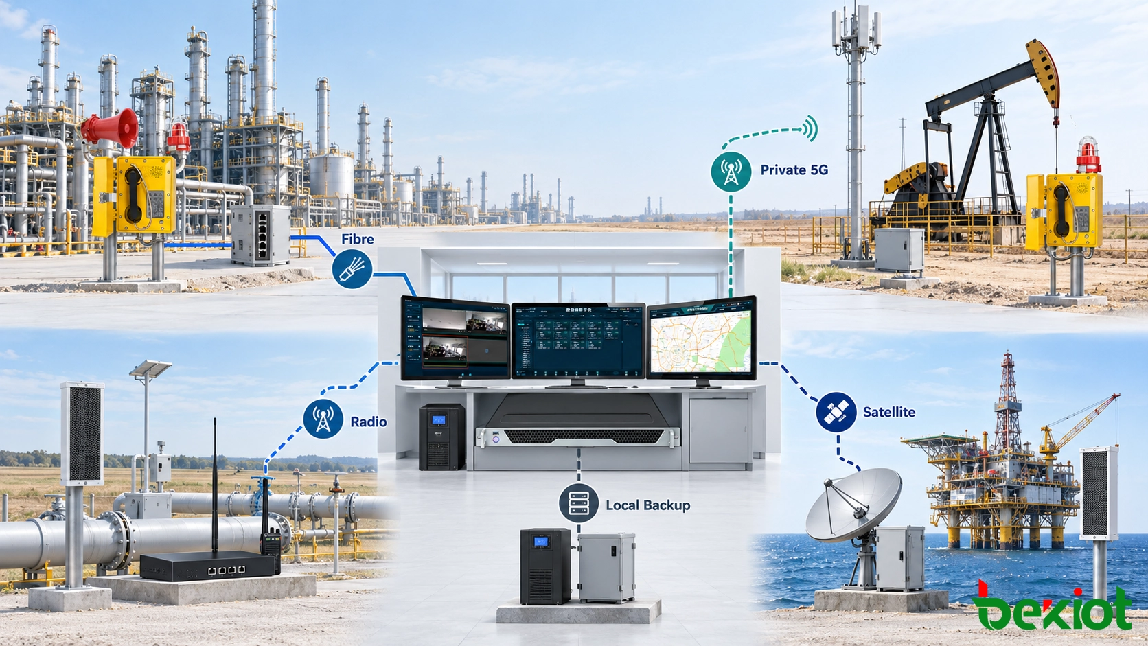 Red de comunicaciones resiliente para petróleo y gas que utiliza fibra, celular privado, radio, satélite y rutas de respaldo locales