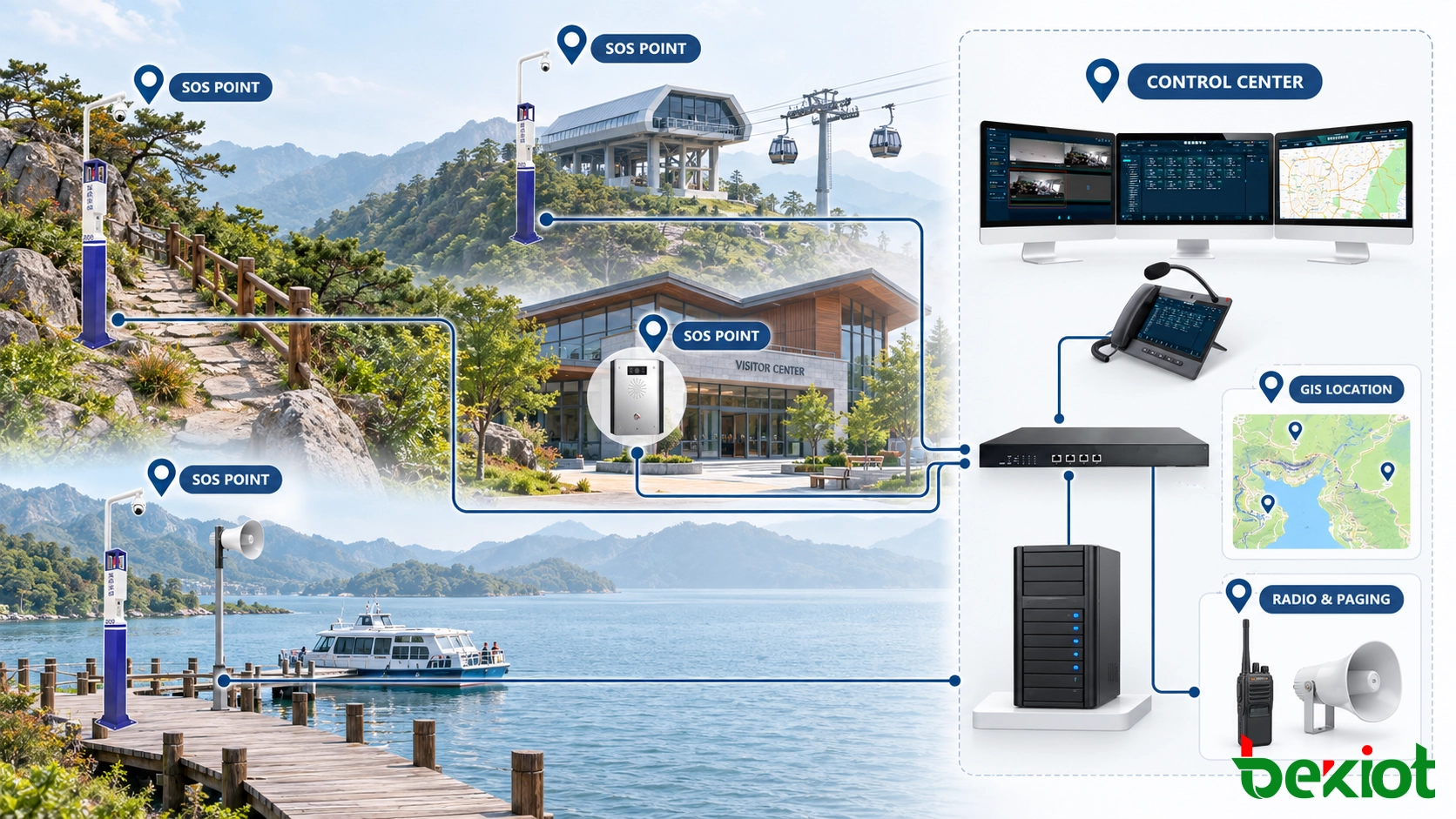 Sistema de ayuda de emergencia para áreas escénicas que conecta terminales SOS con mapas GIS, videovigilancia, despacho por radio y megafonía por zonas