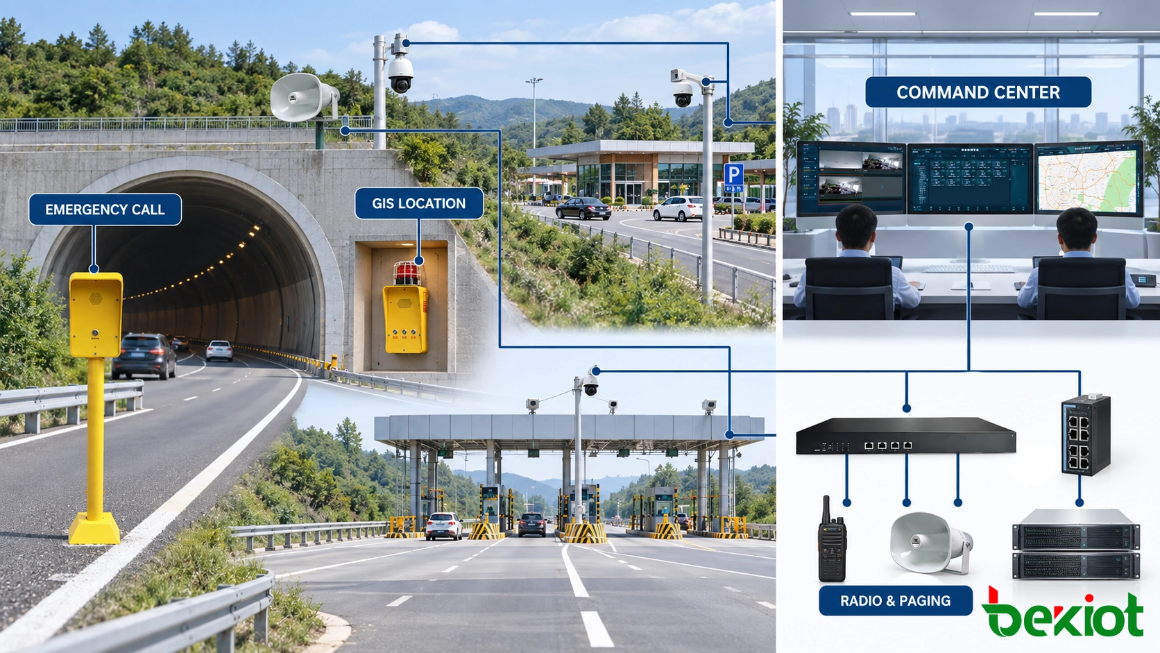 Arquitectura de comando de emergencia en autopistas que conecta teléfonos de borde de carretera, puntos SOS de túneles, despacho de radio, videovigilancia, SIG y megafonía por zonas