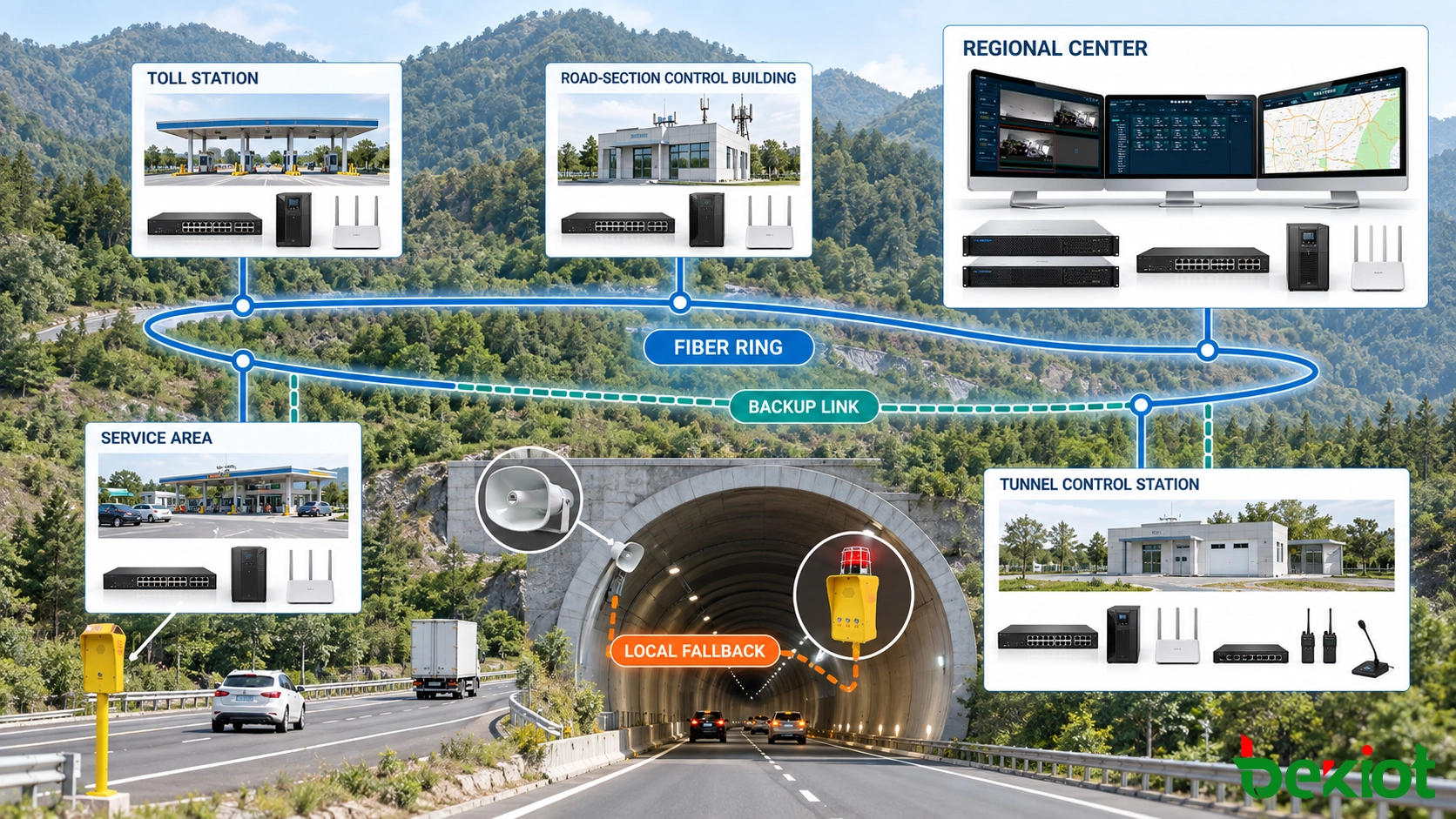 Red de comunicaciones resiliente en autopistas que conecta tramos remotos, túneles, estaciones de peaje y centros de comando regionales