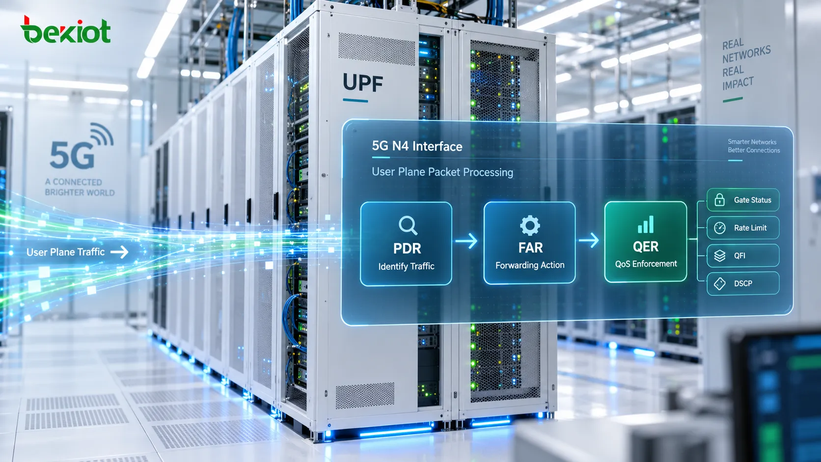 Procesamiento de paquetes en la interfaz N4: la UPF usa una PDR para identificar tráfico, una FAR para decidir el reenvío y una QER para aplicar gating, límites de tasa y política de QoS