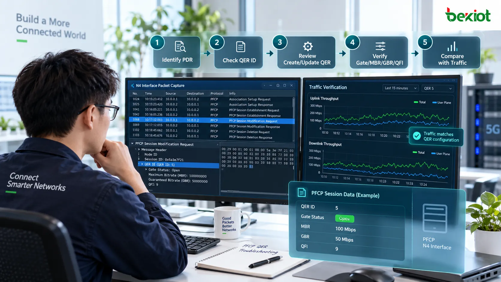 Flujo de diagnóstico PFCP que rastrea el QER ID referenciado por una PDR, revisa Create/Update QER, Gate Status, MBR, GBR y QFI y los compara con el tráfico real del plano de usuario