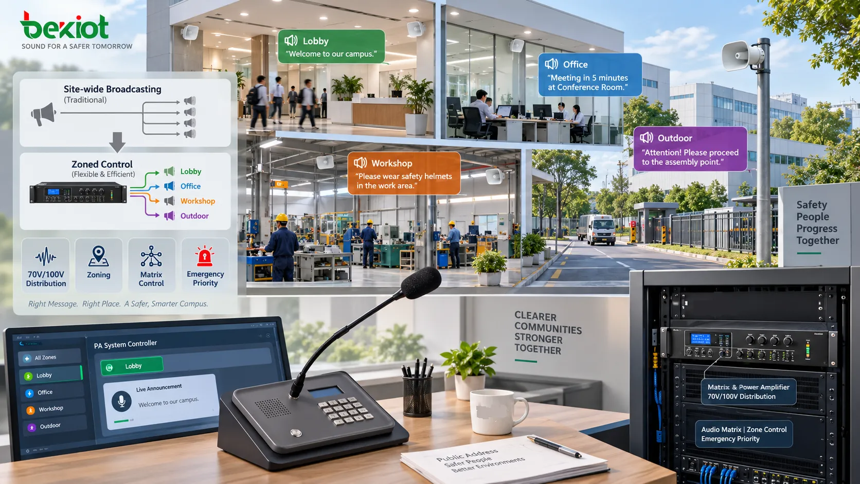 Evolución de la megafonía desde la distribución a tensión constante de 70 V/100 V hacia zonificación, matrices de audio, amplificación multicanal y áreas de altavoces independientes