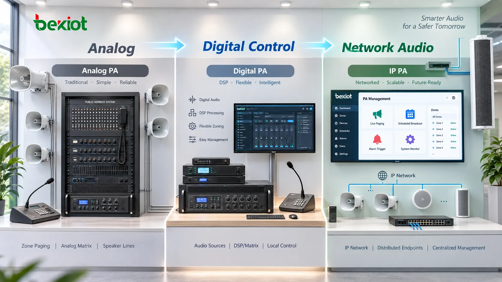 Comparación de la evolución de la megafonía desde matrices analógicas y amplificadores centralizados de 100 V hasta control DSP digital, servidores PA, redes Ethernet y terminales de audio IP distribuidos