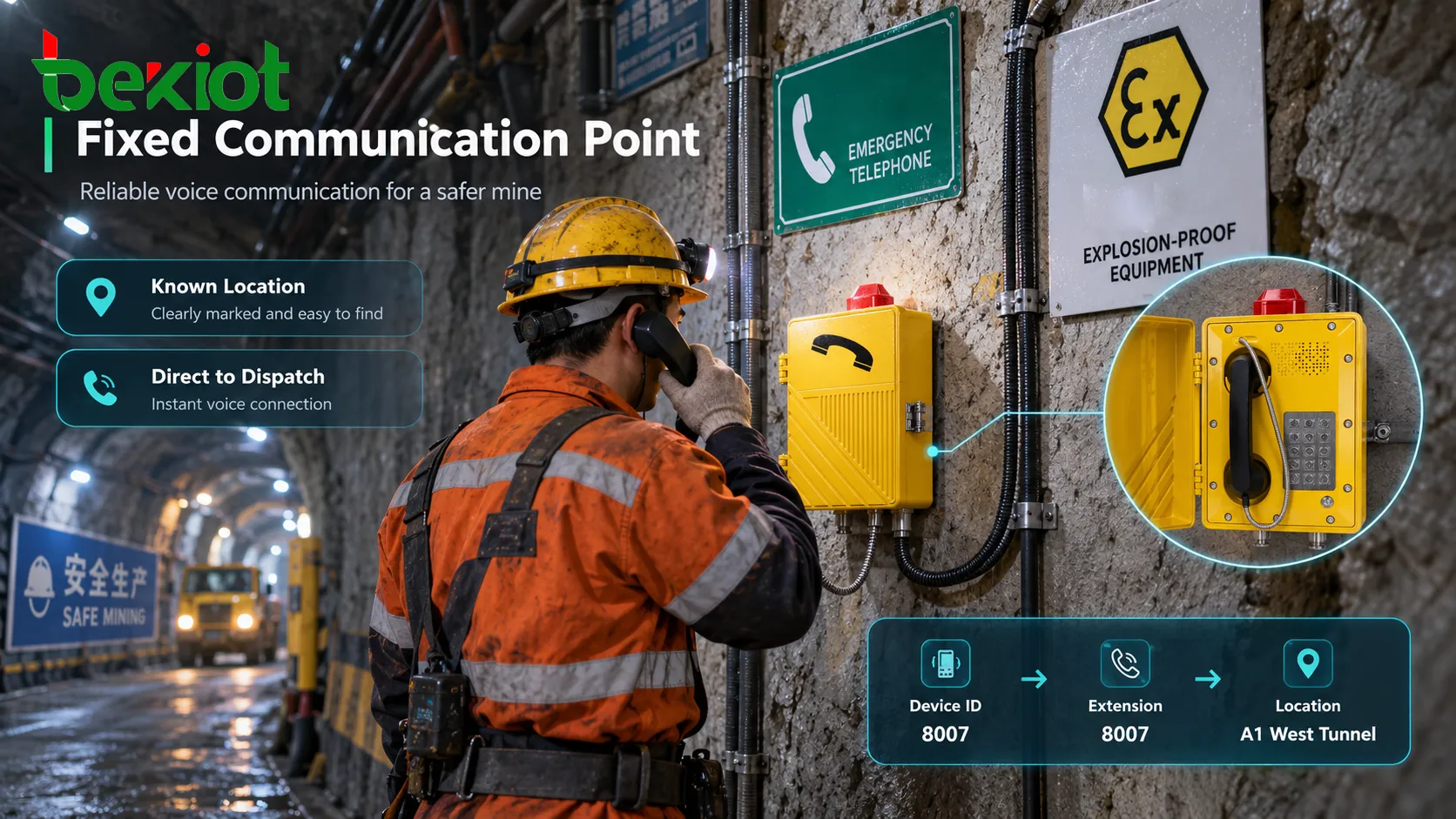 Teléfono antideflagrante para minería utilizado como punto fijo de comunicación de seguridad subterráneo con asociación de ubicación, ruta de comunicación resiliente y acceso directo al centro de despacho en superficie