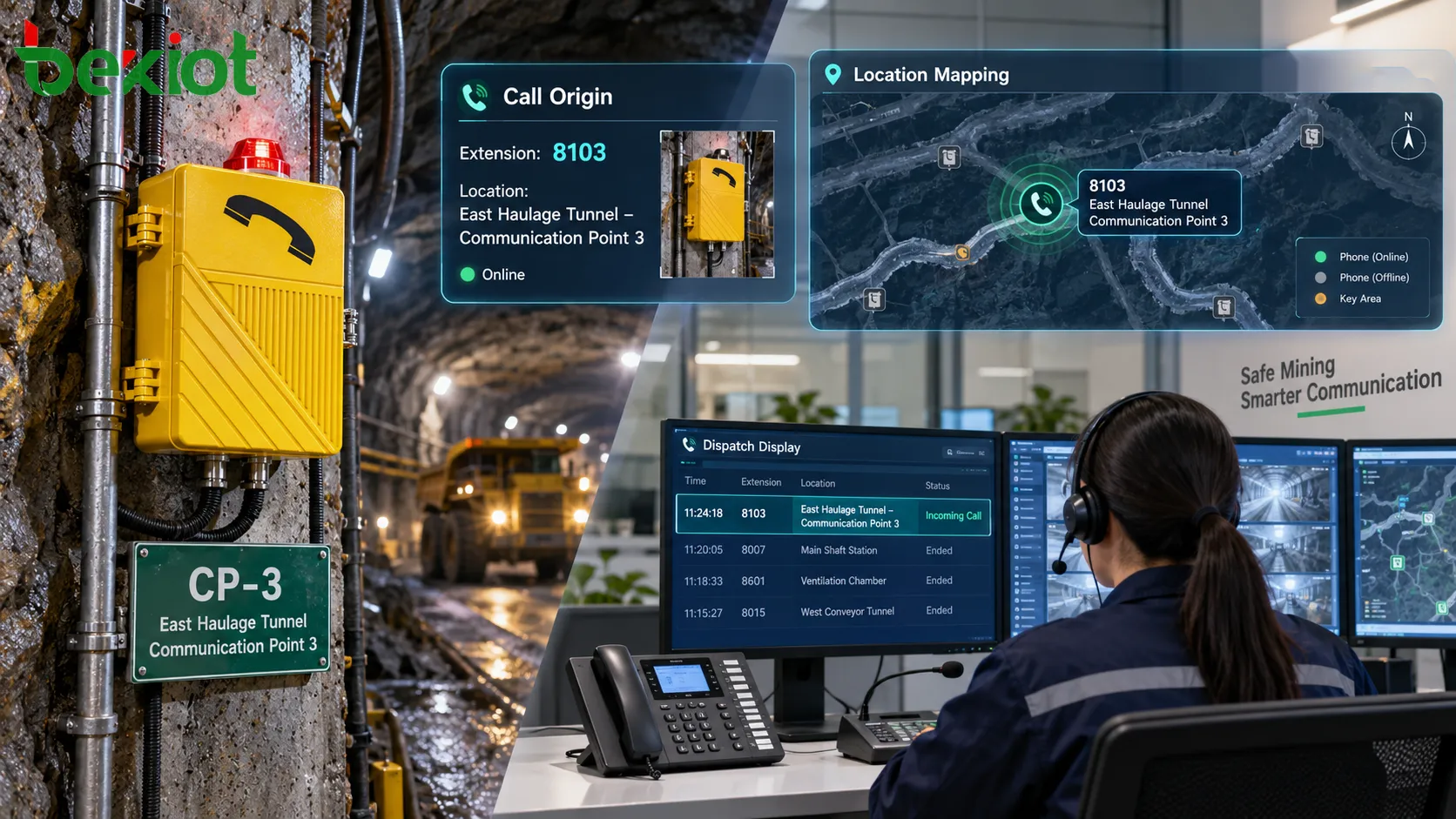 Teléfonos antideflagrantes de minería subterránea conectados directamente a un centro de despacho en superficie y coordinados con comunicaciones inalámbricas y megafonía de emergencia de la mina