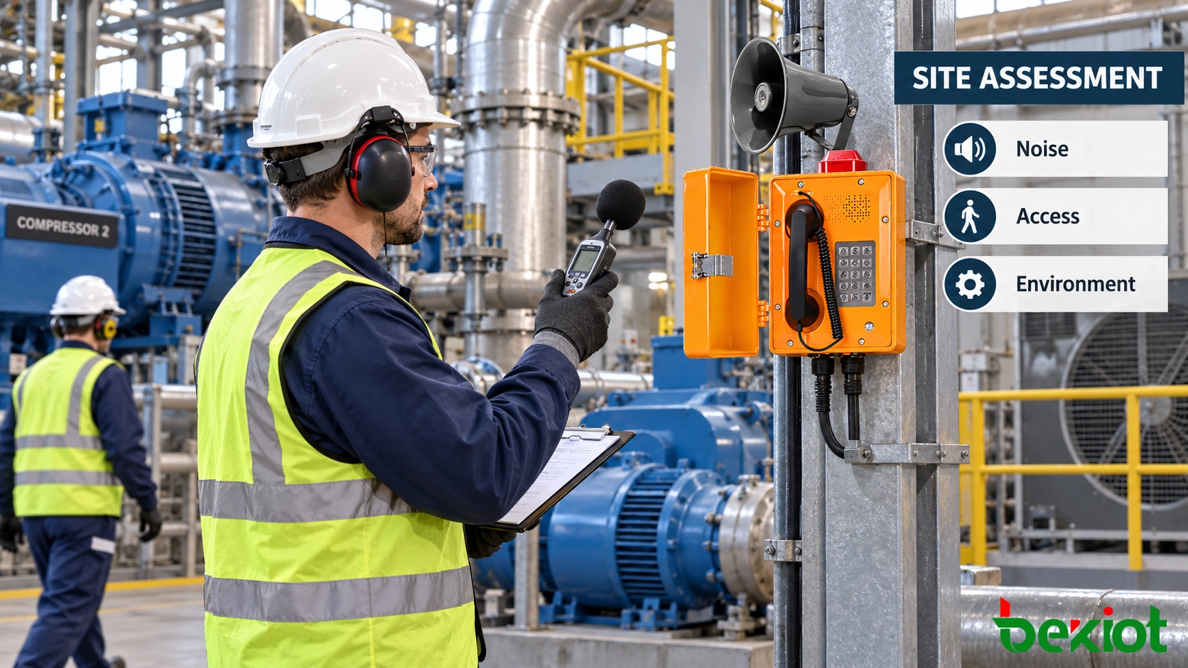 Ingeniero midiendo el ruido ambiental y evaluando un punto de instalación de teléfono industrial