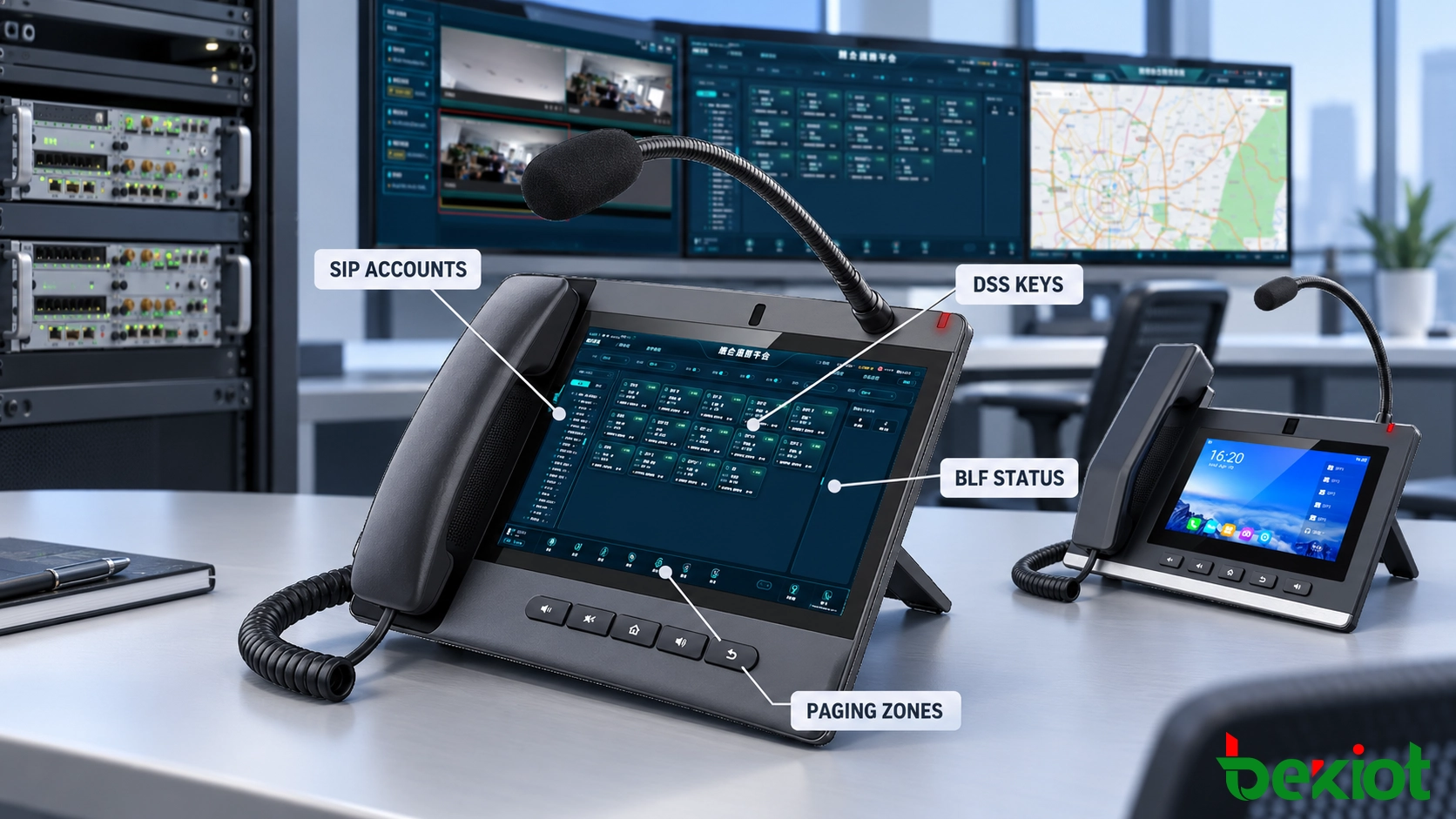 Interfaz de teléfono de despacho con cuentas SIP, teclas DSS, monitoreo BLF y zonas de megafonía