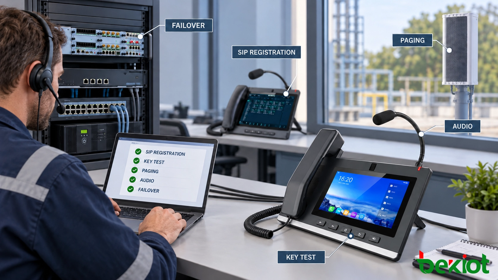 Técnico probando el registro SIP, teclas programables, megafonía y audio en un teléfono de despacho