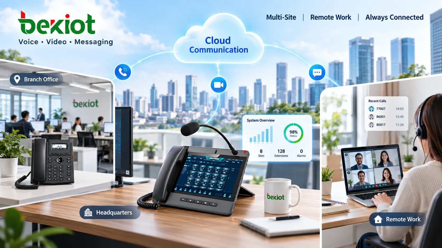 Migración de las comunicaciones empresariales desde líneas PSTN fijas y teléfonos de escritorio hacia una plataforma VoIP que gestiona de forma centralizada números empresariales, teléfonos SIP, ordenadores y dispositivos móviles