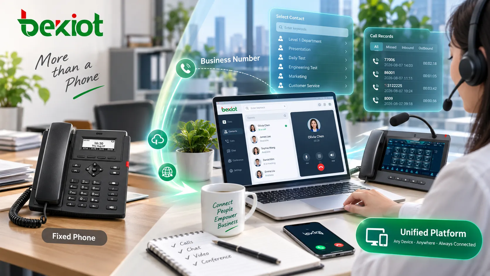Un mismo número empresarial utilizado en un teléfono SIP de escritorio, un portátil y un móvil, mientras las llamadas de voz, las videoconferencias y la mensajería se integran en una plataforma VoIP unificada