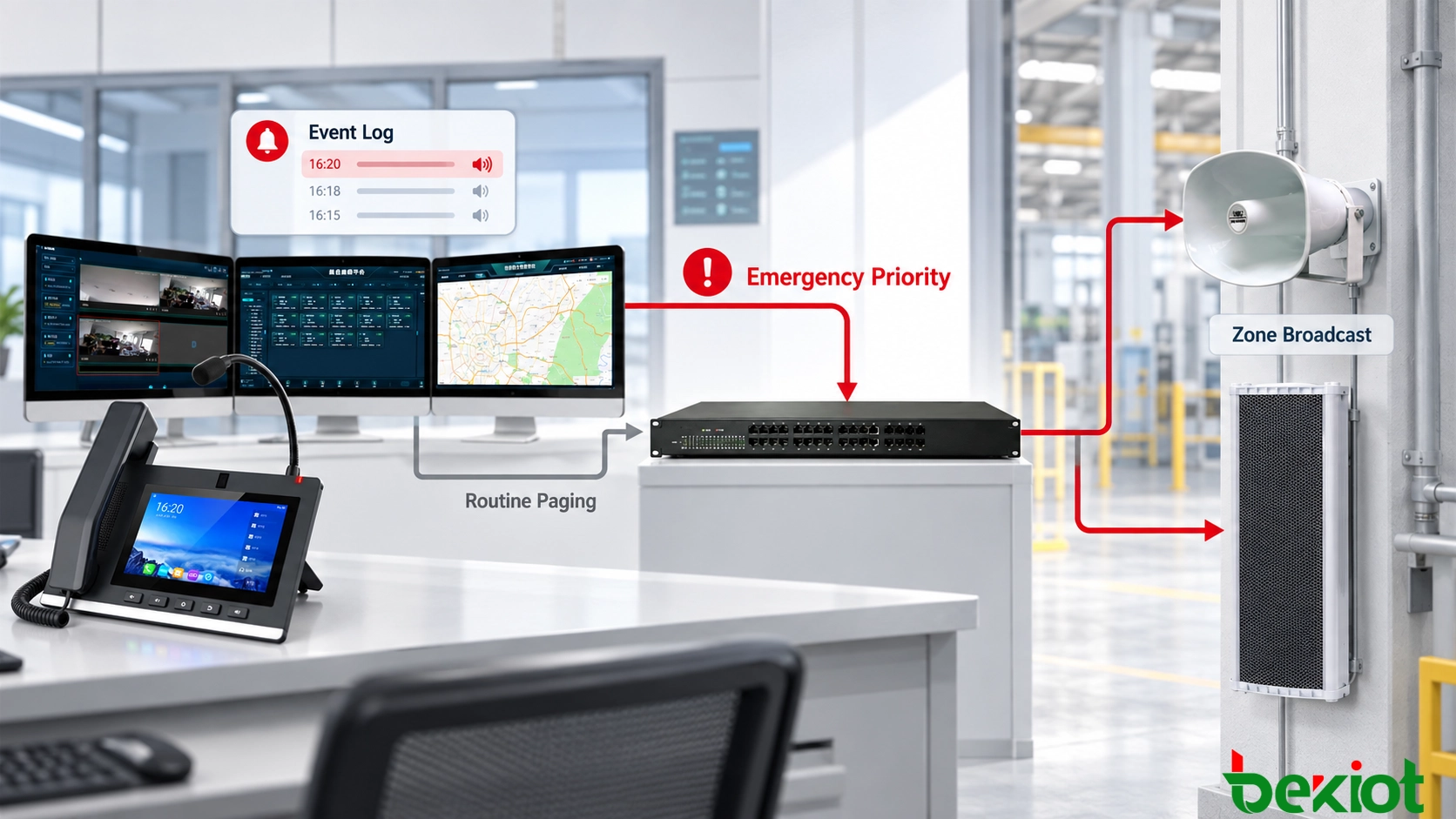 Flujo de trabajo de megafonía de emergencia SIP que muestra anulación de prioridad, zonas de difusión seleccionadas, entrega de audio y registro de eventos