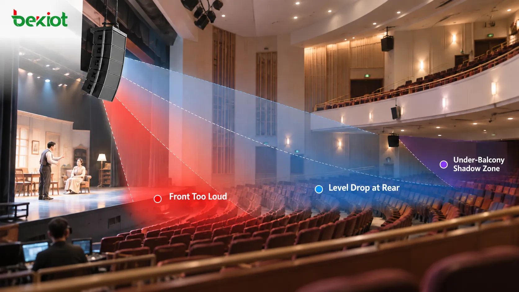 Sistema de PA para teatro que muestra cómo aumentar el SPL de los altavoces principales puede hacer que las primeras filas reciban demasiado nivel mientras los balcones posteriores y las zonas obstruidas siguen sufriendo mala cobertura y menor inteligibilidad de la voz
