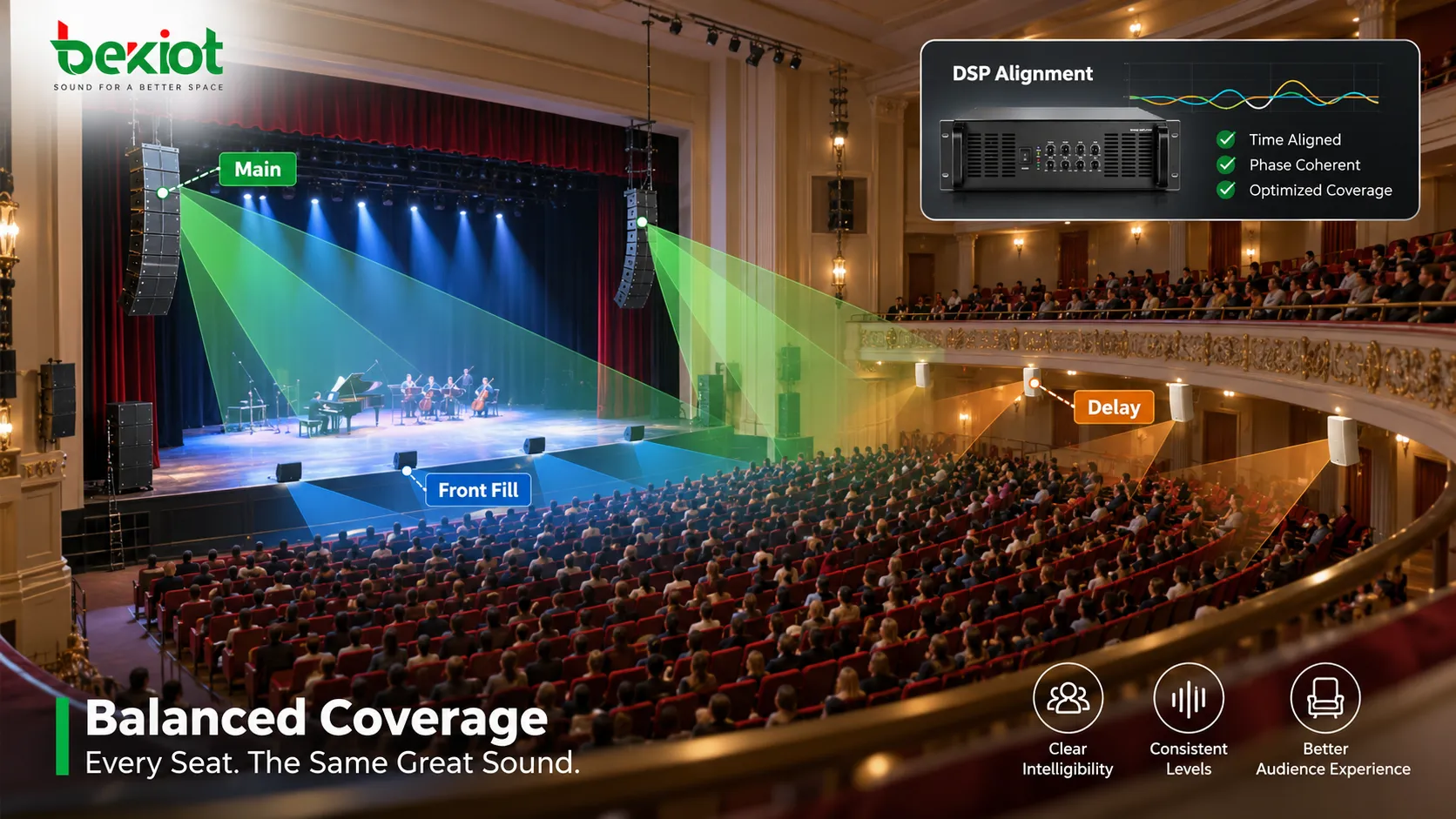 PA de teatro con line arrays principales para la cobertura principal, front fills para las localidades cercanas al escenario y altavoces de delay bajo balcón para crear un campo sonoro continuo y más uniforme