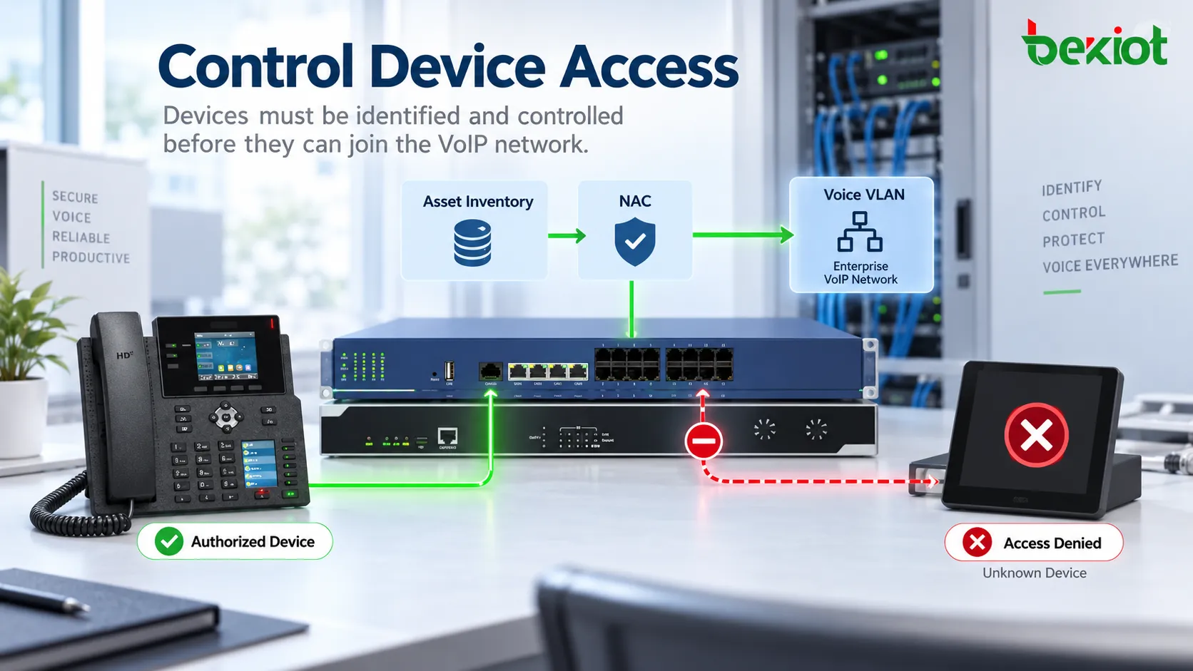 Red de voz empresarial que utiliza inventario de activos, VLAN de voz, NAC y controles de puertos de switch para impedir la conexión de teléfonos IP, ATA y gateways VoIP no autorizados