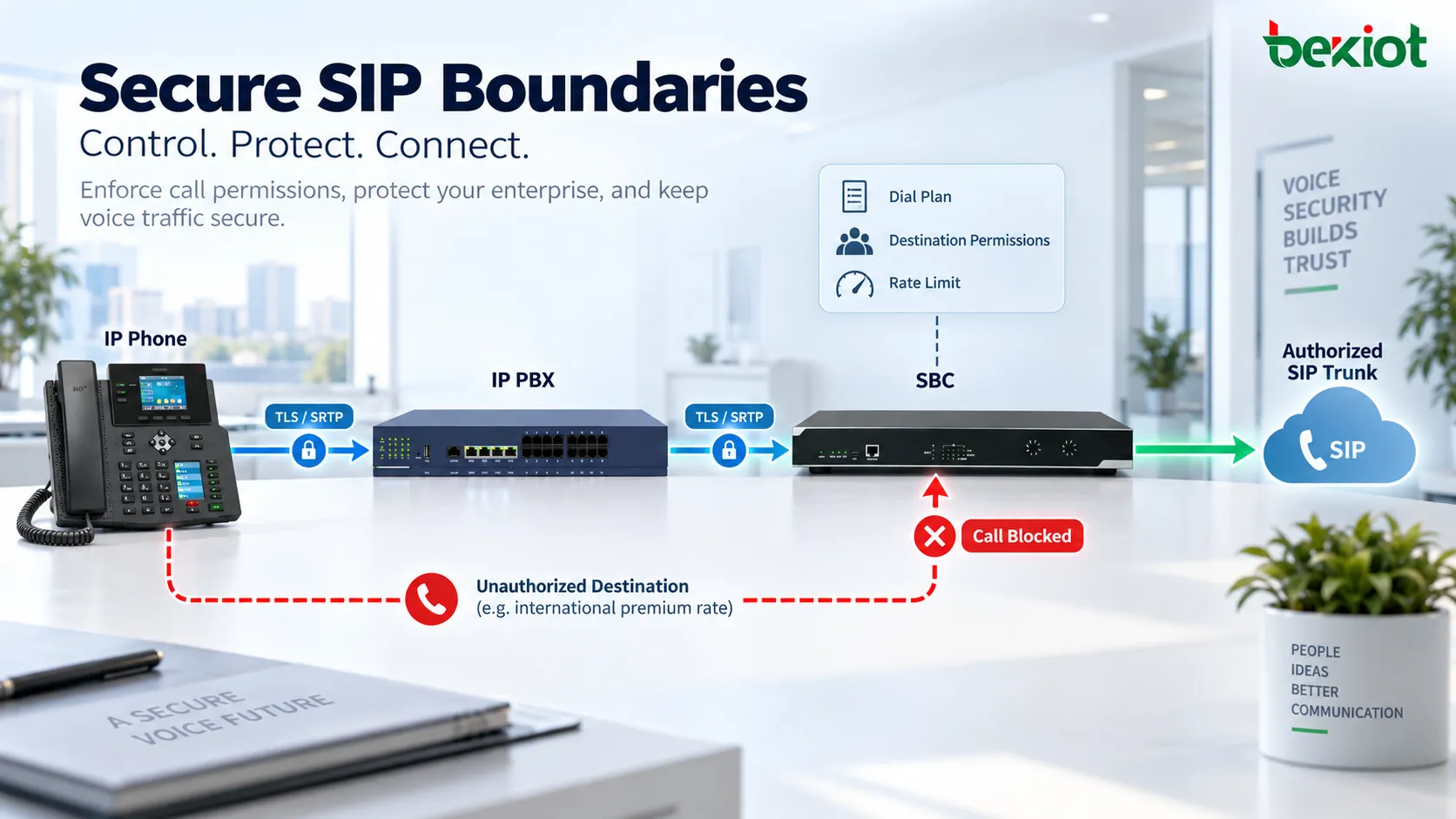 Seguridad VoIP empresarial que utiliza controles SBC, planes de marcación, permisos de destino, enrutamiento de troncales SIP y límites de llamadas para restringir el tráfico de voz externo y reducir el riesgo de fraude de tarificación