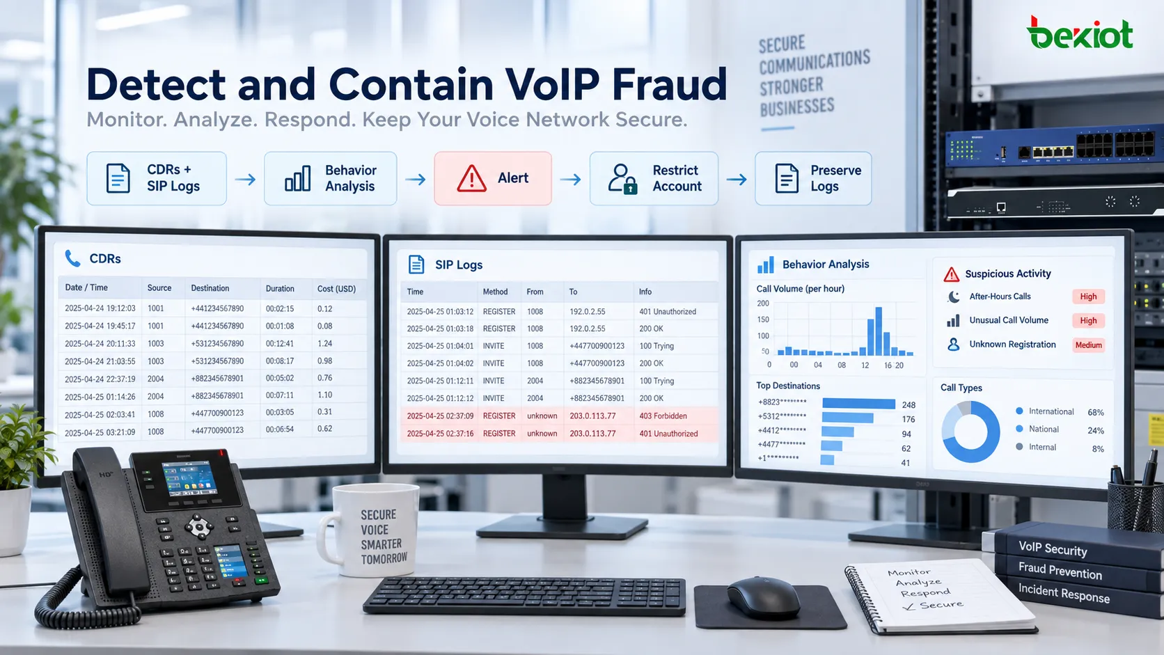 Plataforma de seguridad VoIP que combina CDR, registros SIP, análisis de comportamiento y alertas de anomalías para detectar llamadas de alto riesgo y contener incidentes mediante restricciones de cuentas, registros forenses y procedimientos de respuesta