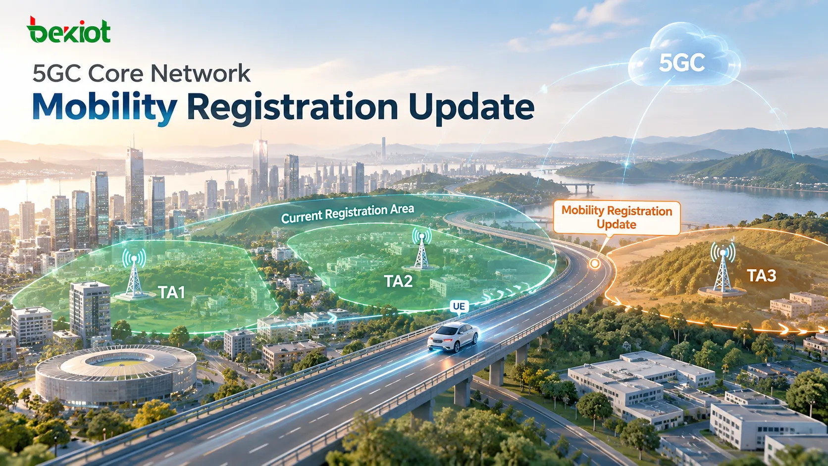 En una Mobility Registration Update de 5GC, el UE activa la actualización al desplazarse desde una TA incluida en su Registration Area actual hasta una nueva TA situada fuera de ella; los cambios normales de celda o los cambios de TA dentro de la Registration Area no requieren otro registro