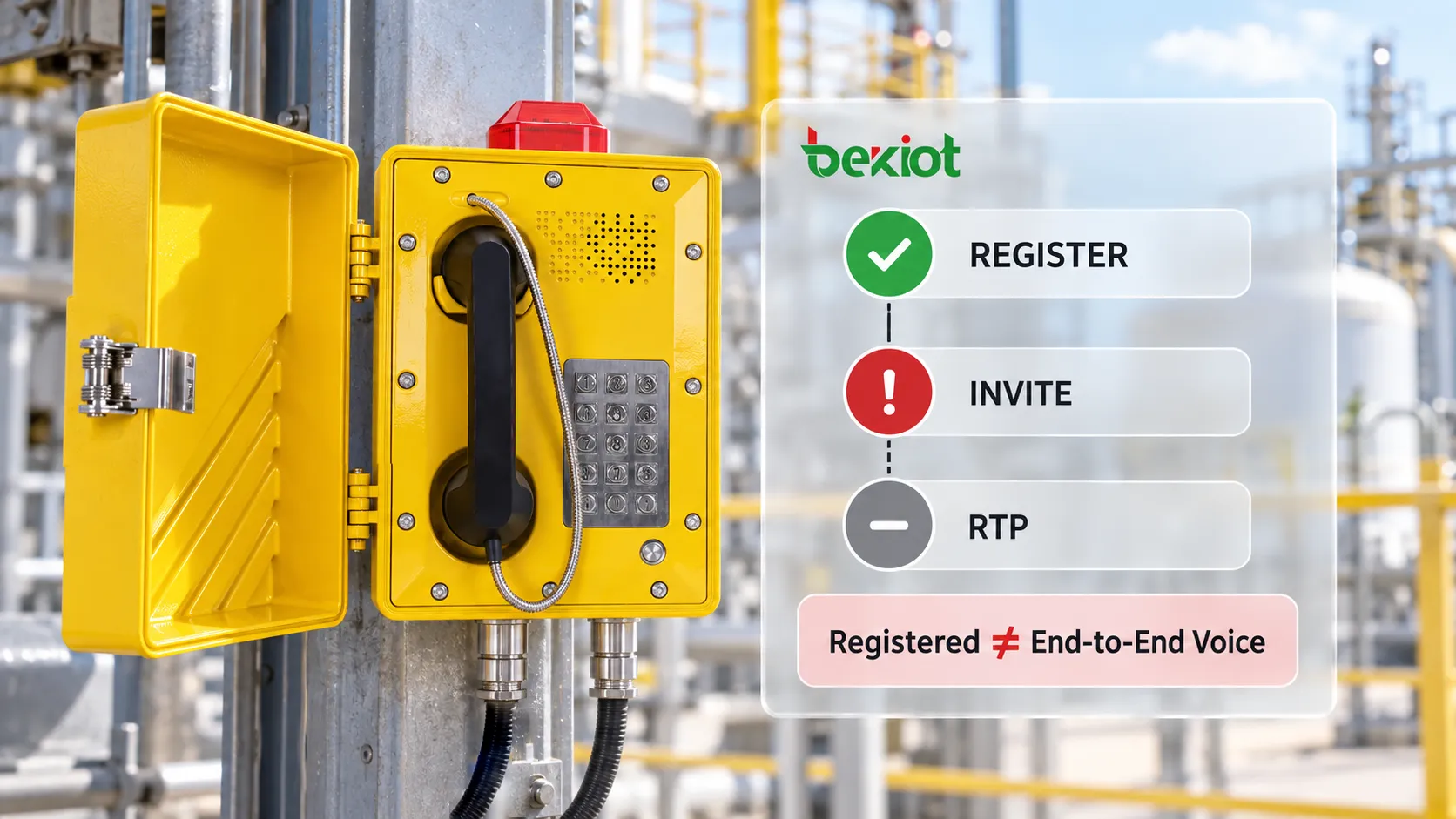 Ruta completa de una llamada de teléfono SIP antideflagrante, desde el registro REGISTER y el establecimiento con INVITE hasta la negociación SDP y la voz RTP bidireccional, mostrando por qué el estado Registrado no garantiza la llamada de extremo a extremo